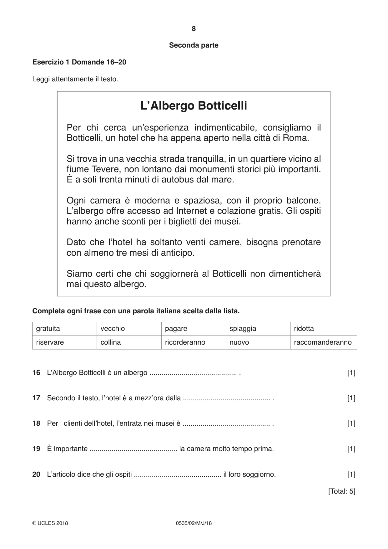 Cambridge IGCSE Italian - Foreign Language 0535 2018 May/June Paper 2 · Variant 0 question paper, page 8 of 16