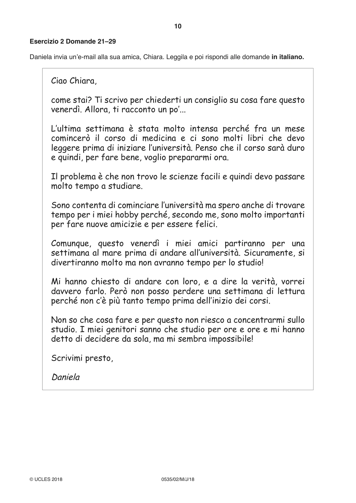 Cambridge IGCSE Italian - Foreign Language 0535 2018 May/June Paper 2 · Variant 0 question paper, page 10 of 16