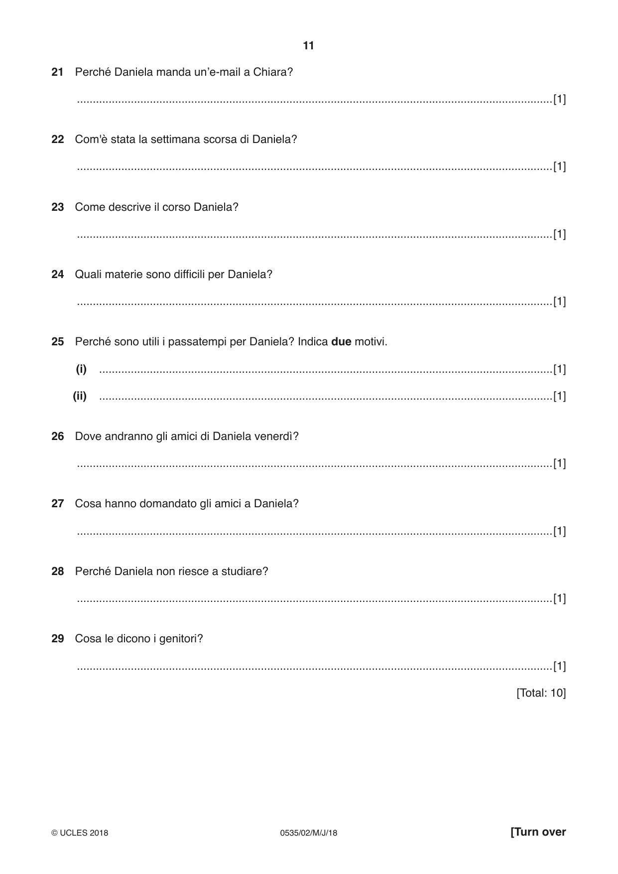 Cambridge IGCSE Italian - Foreign Language 0535 2018 May/June Paper 2 · Variant 0 question paper, page 11 of 16