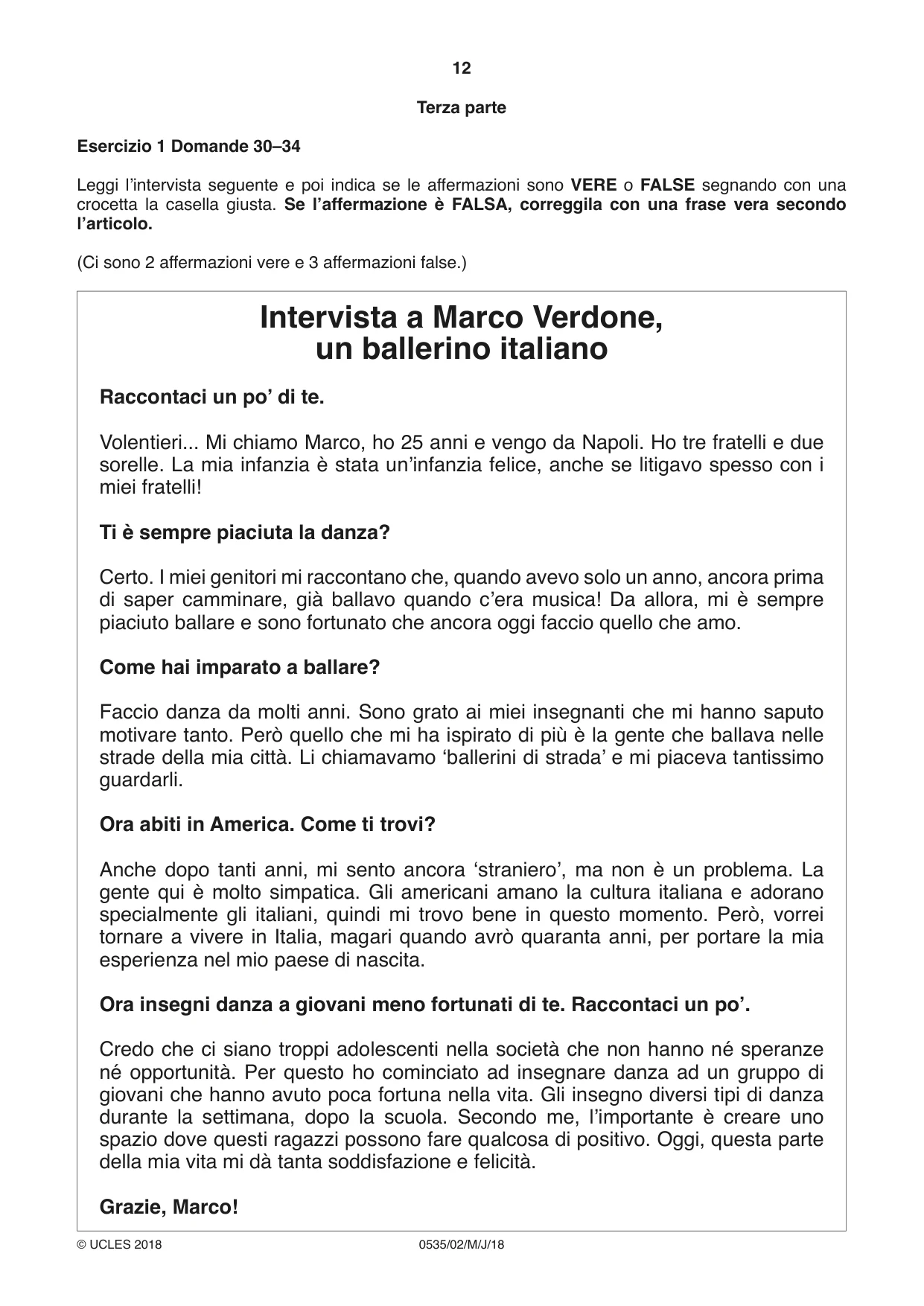 Cambridge IGCSE Italian - Foreign Language 0535 2018 May/June Paper 2 · Variant 0 question paper, page 12 of 16