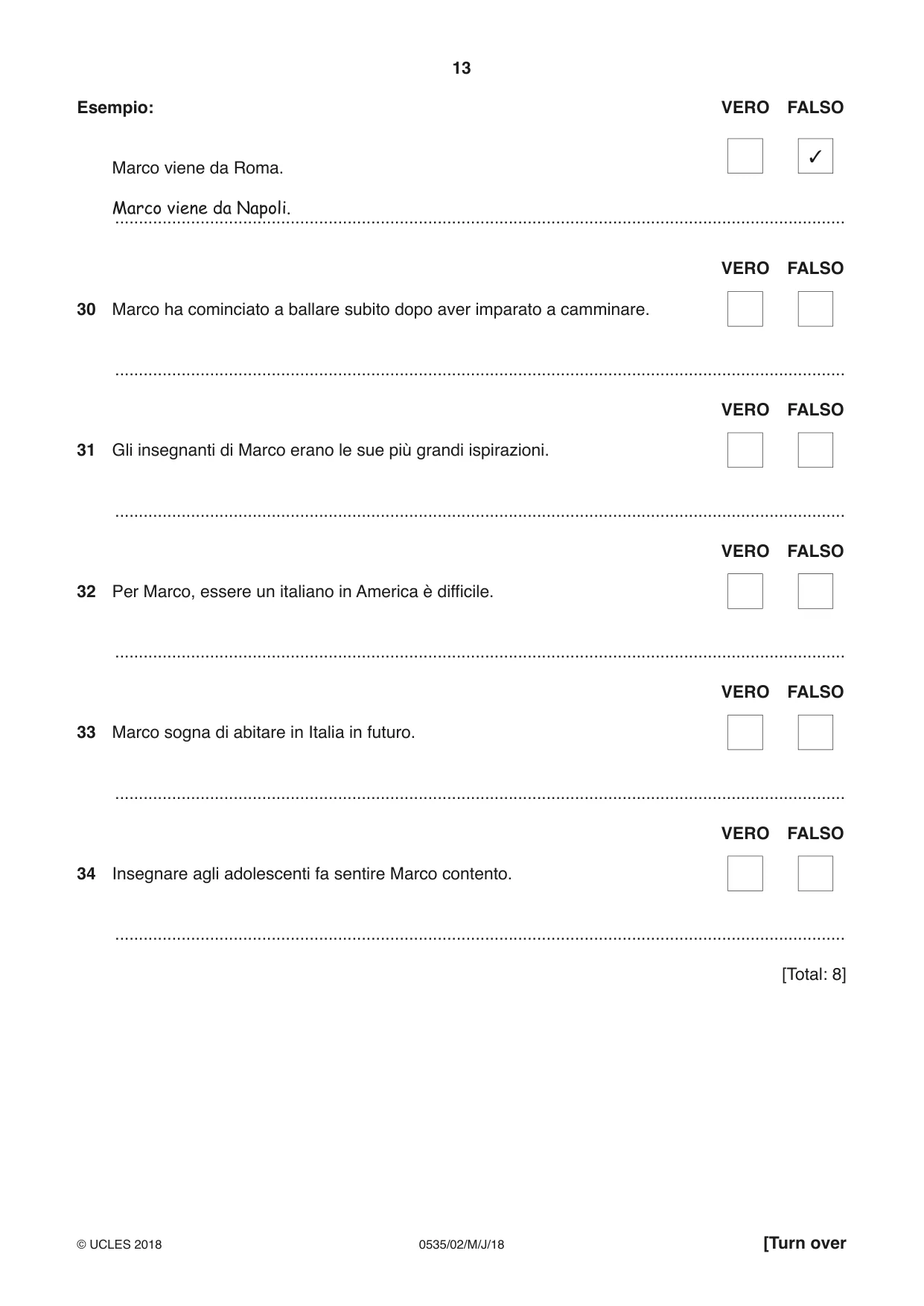 Cambridge IGCSE Italian - Foreign Language 0535 2018 May/June Paper 2 · Variant 0 question paper, page 13 of 16