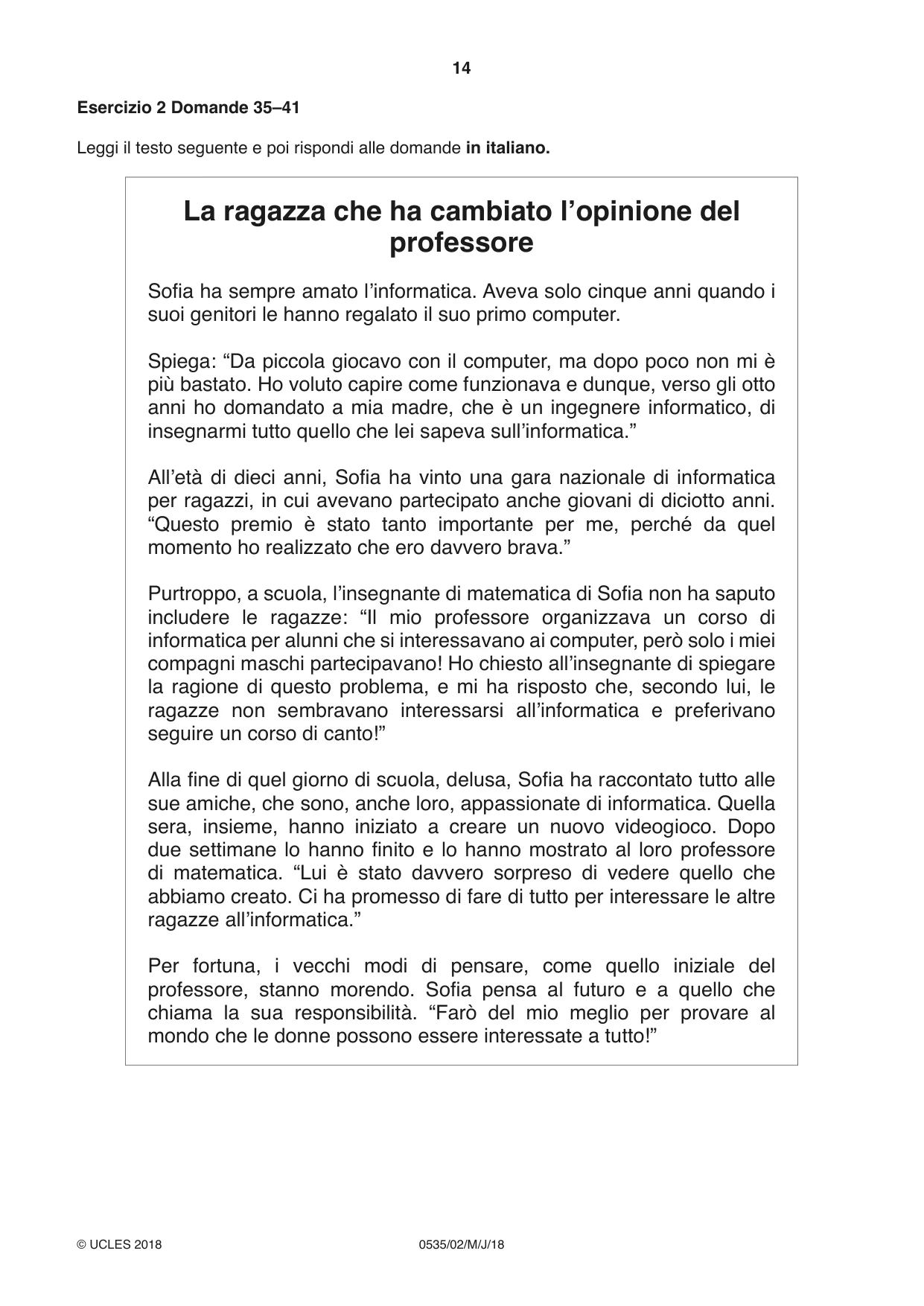 Cambridge IGCSE Italian - Foreign Language 0535 2018 May/June Paper 2 · Variant 0 question paper, page 14 of 16