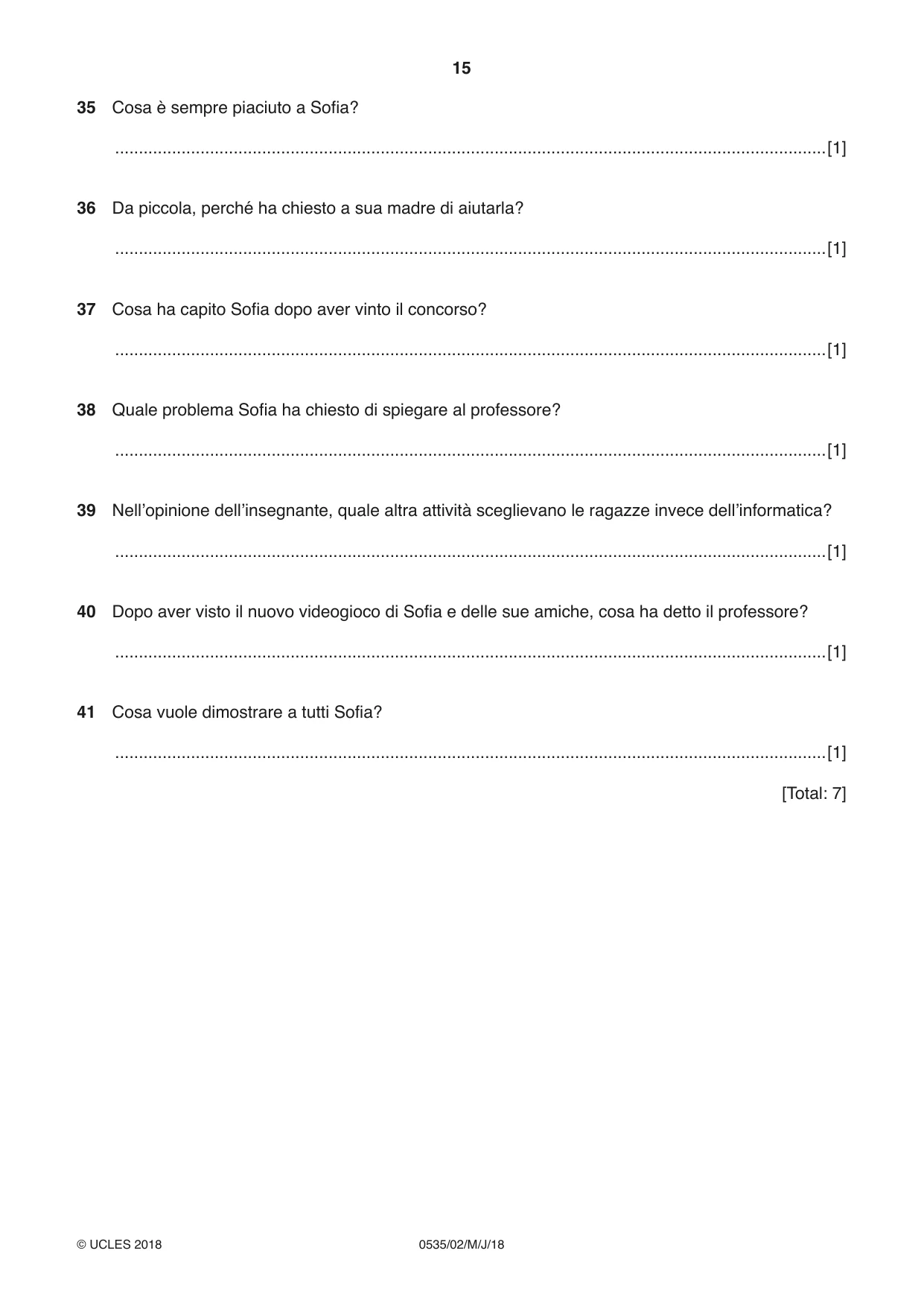 Cambridge IGCSE Italian - Foreign Language 0535 2018 May/June Paper 2 · Variant 0 question paper, page 15 of 16