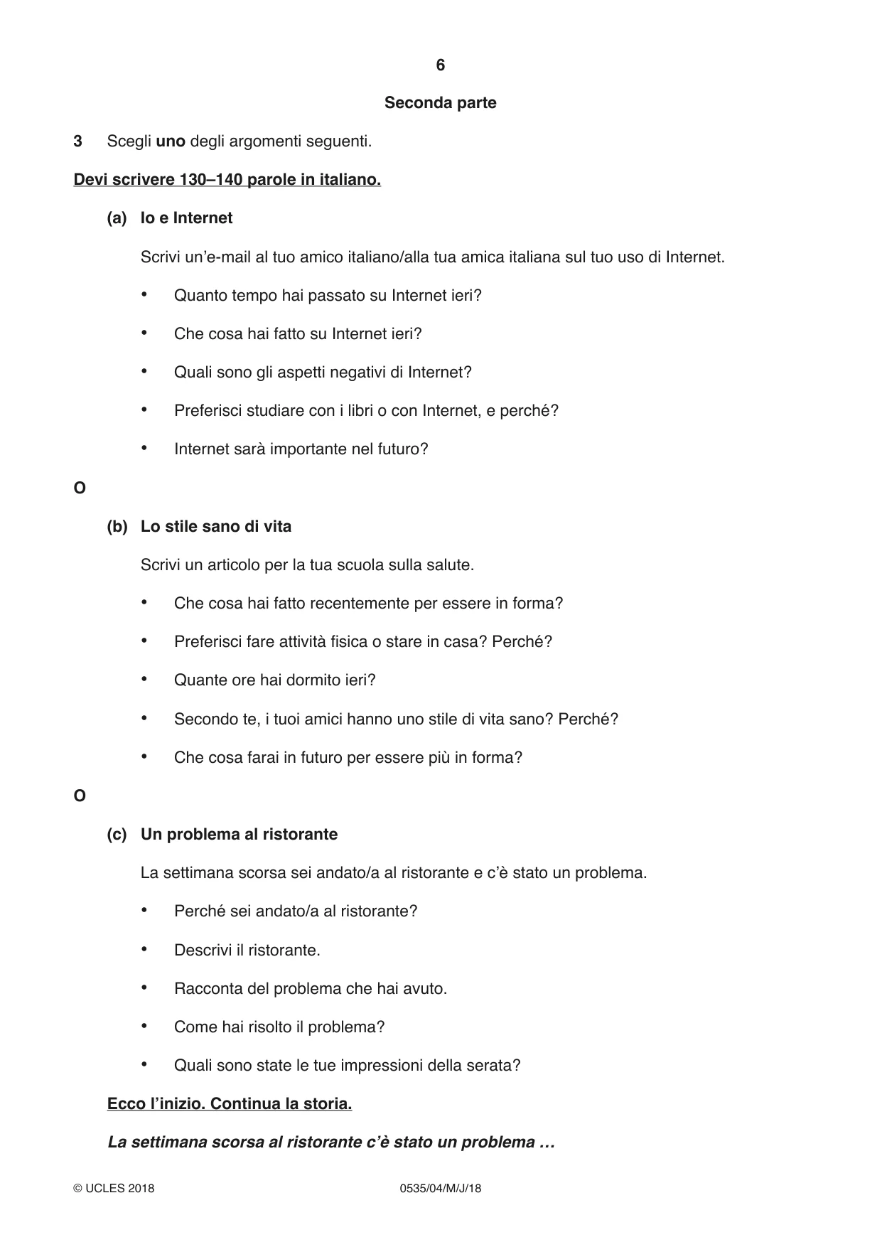 Cambridge IGCSE Italian - Foreign Language 0535 2018 May/June Paper 4 · Variant 0 question paper, page 6 of 8