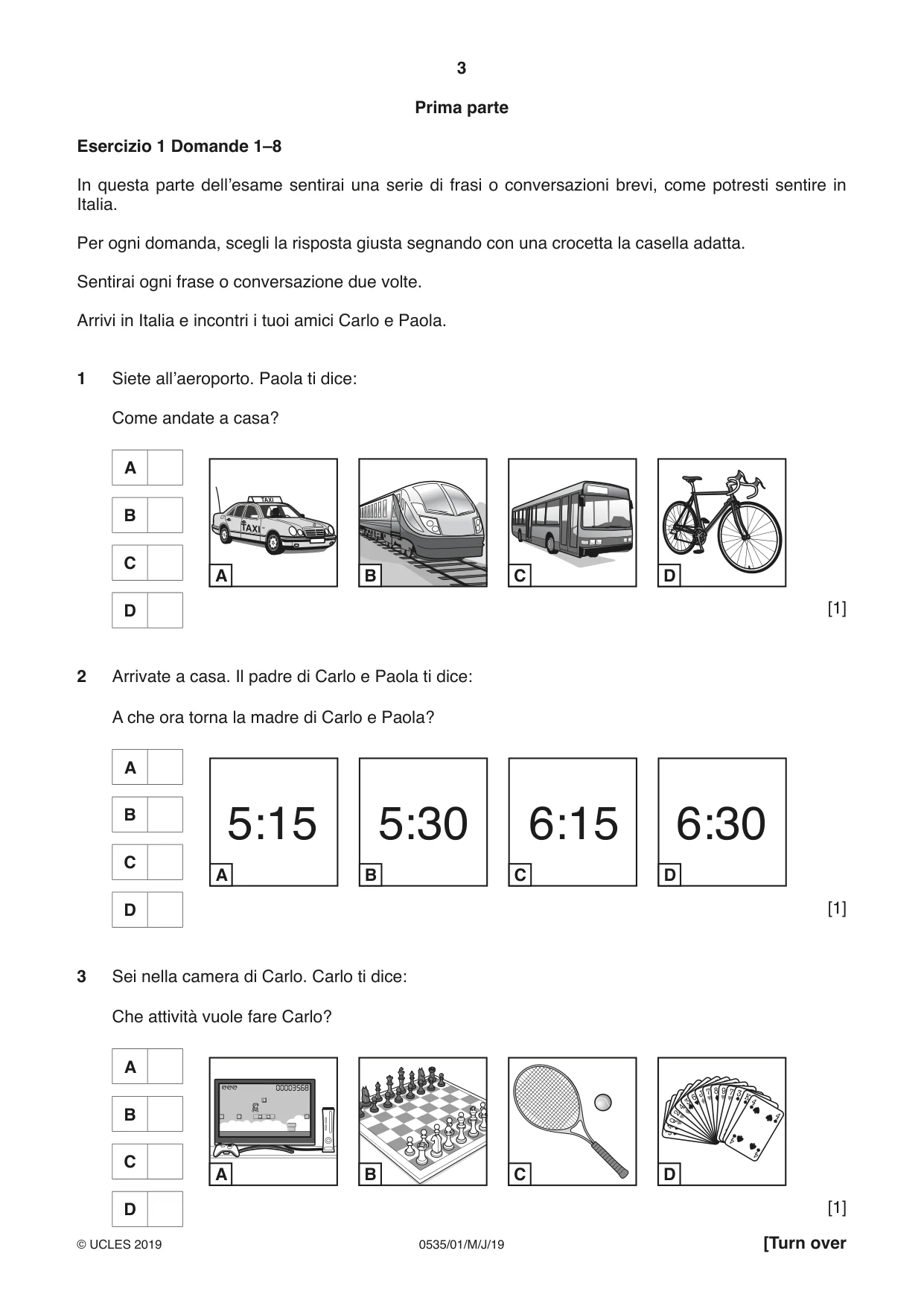 Cambridge IGCSE Italian - Foreign Language 0535 2019 May/June Paper 1 · Variant 1 question paper, page 3 of 16