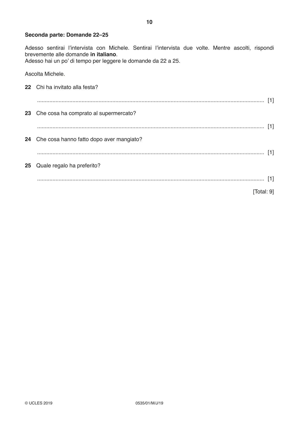 Cambridge IGCSE Italian - Foreign Language 0535 2019 May/June Paper 1 · Variant 1 question paper, page 10 of 16