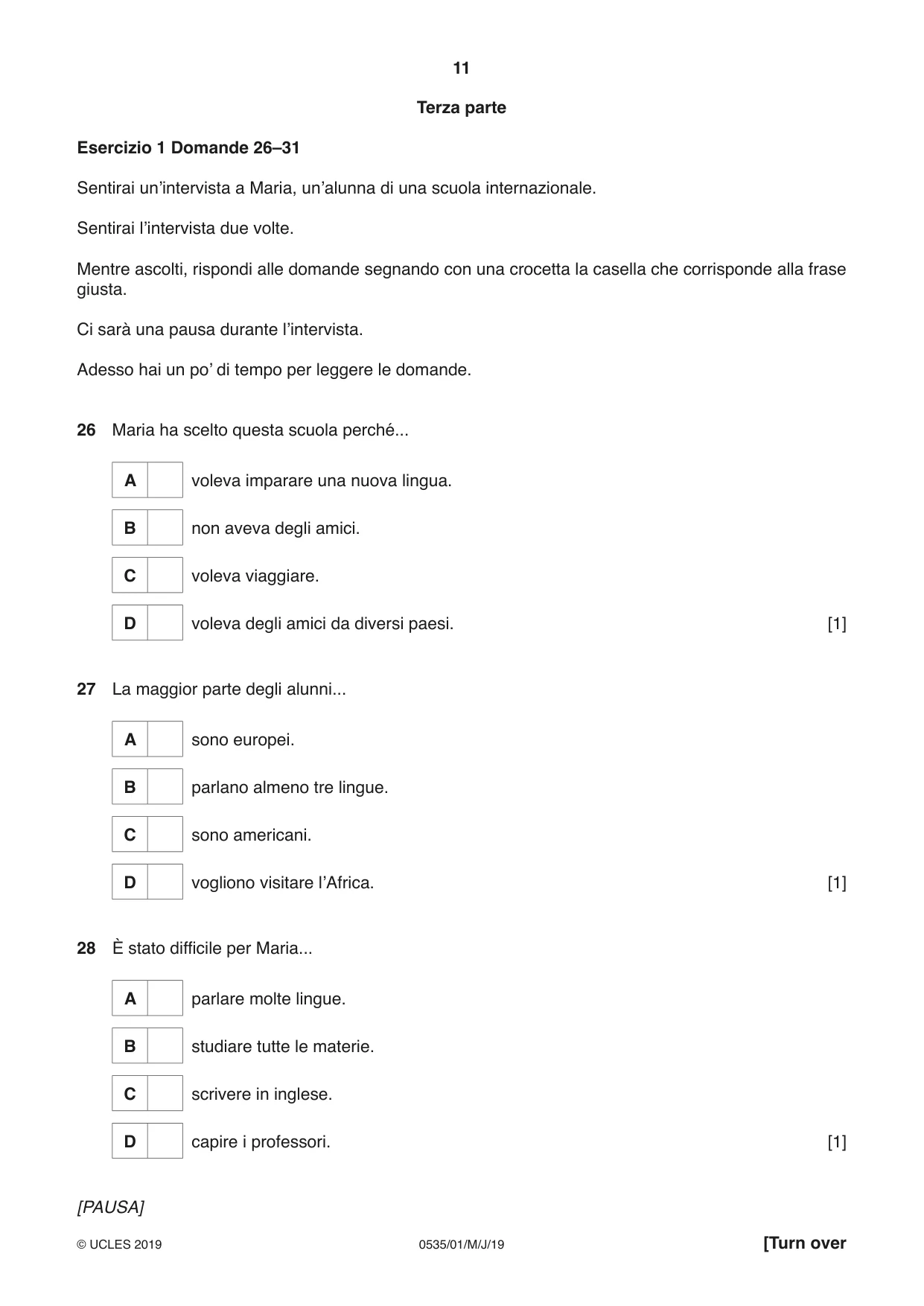Cambridge IGCSE Italian - Foreign Language 0535 2019 May/June Paper 1 · Variant 1 question paper, page 11 of 16