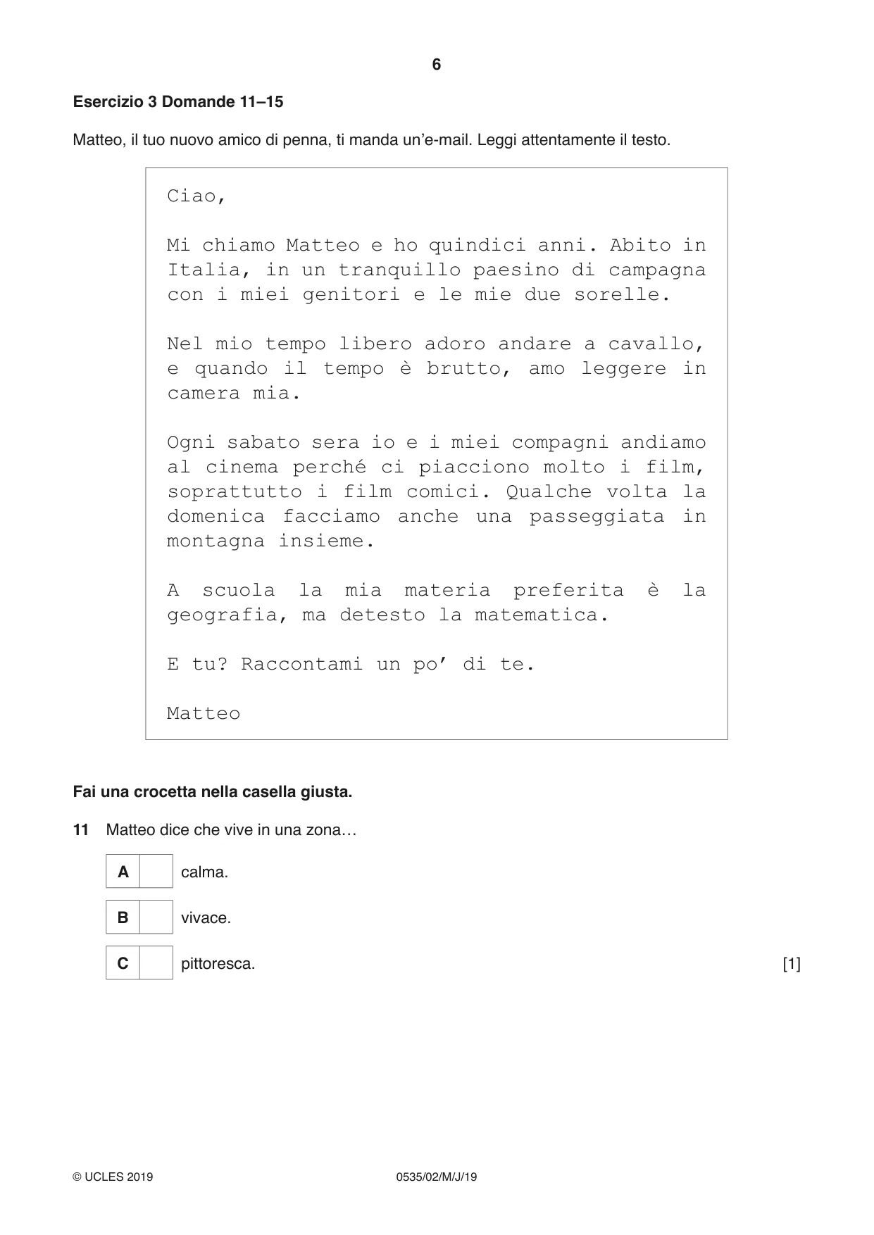 Cambridge IGCSE Italian - Foreign Language 0535 2019 May/June Paper 2 · Variant 1 question paper, page 6 of 16