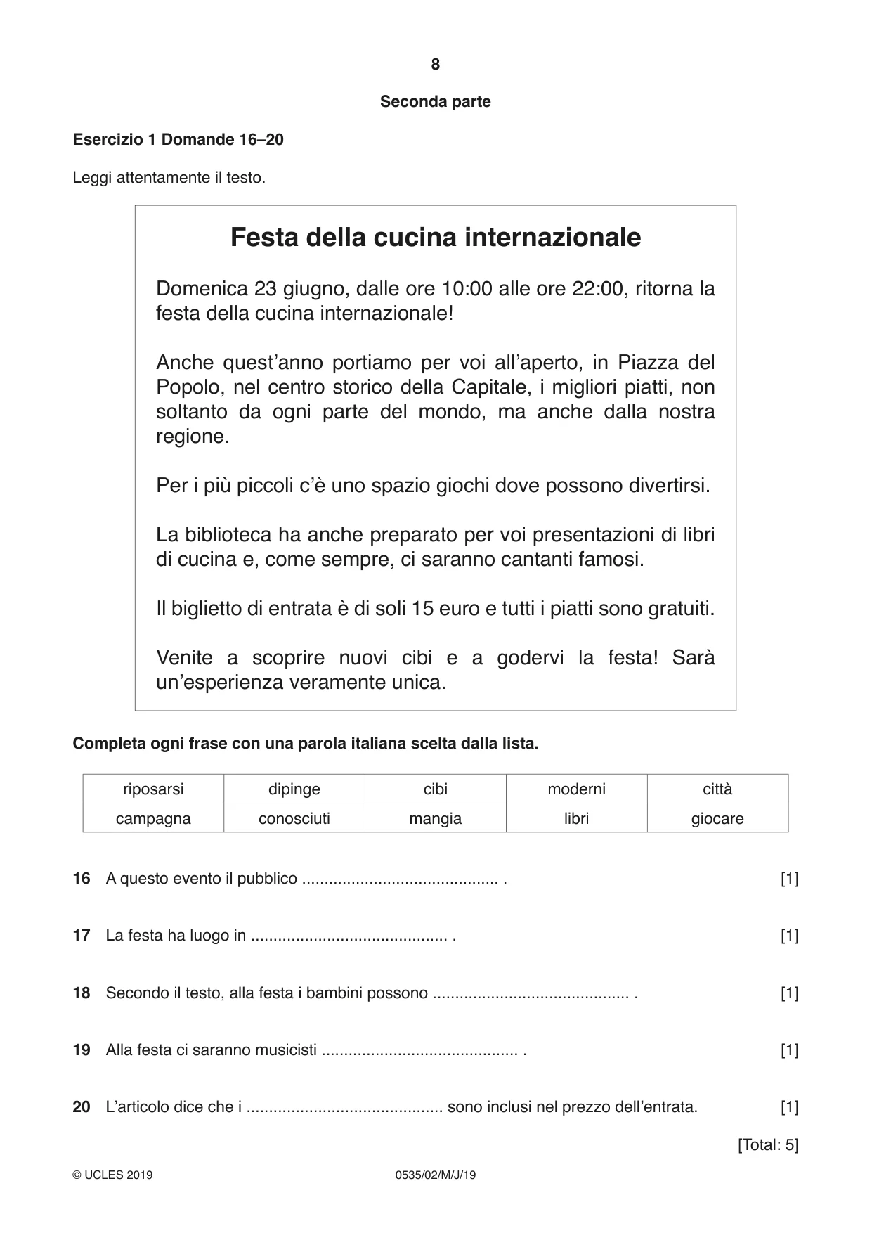 Cambridge IGCSE Italian - Foreign Language 0535 2019 May/June Paper 2 · Variant 1 question paper, page 8 of 16