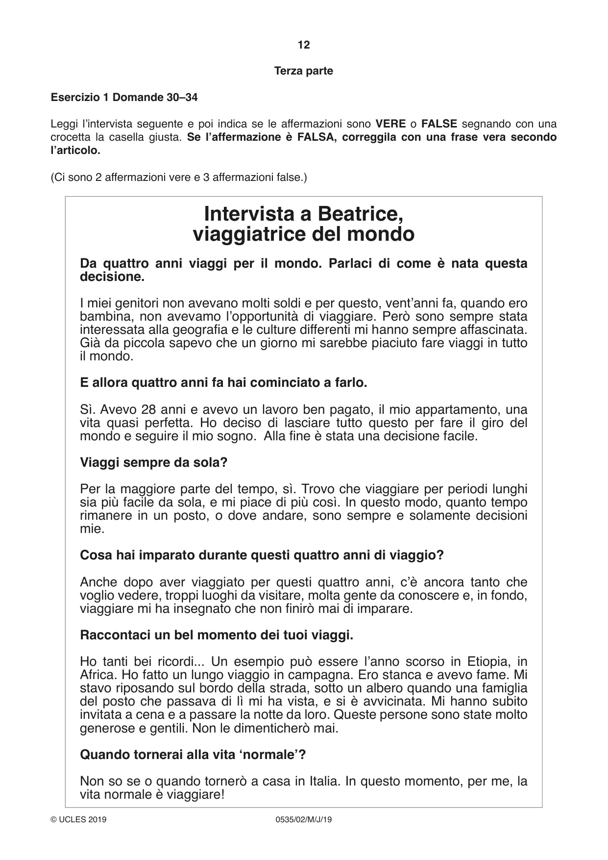 Cambridge IGCSE Italian - Foreign Language 0535 2019 May/June Paper 2 · Variant 1 question paper, page 12 of 16