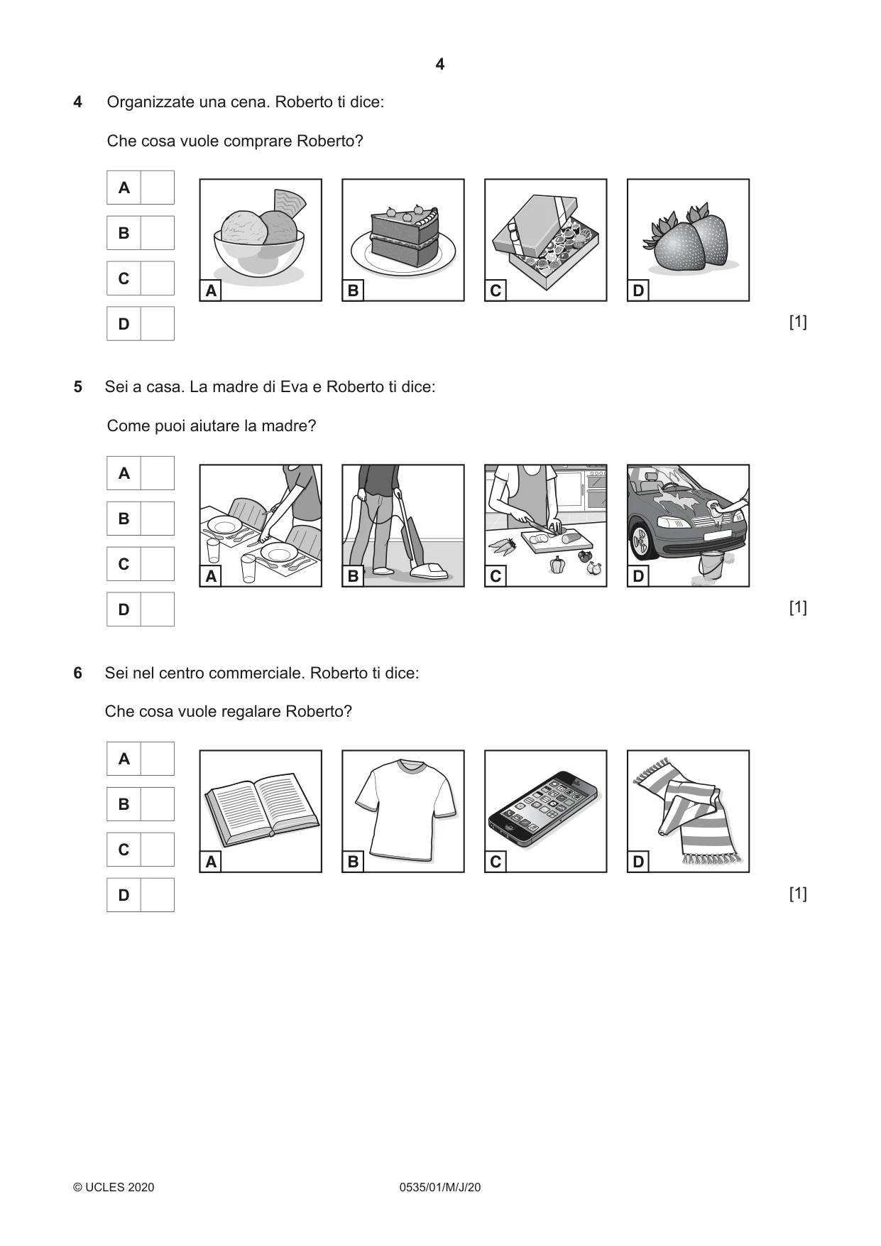 Cambridge IGCSE Italian - Foreign Language 0535 2020 May/June Paper 1 · Variant 0 question paper, page 4 of 16