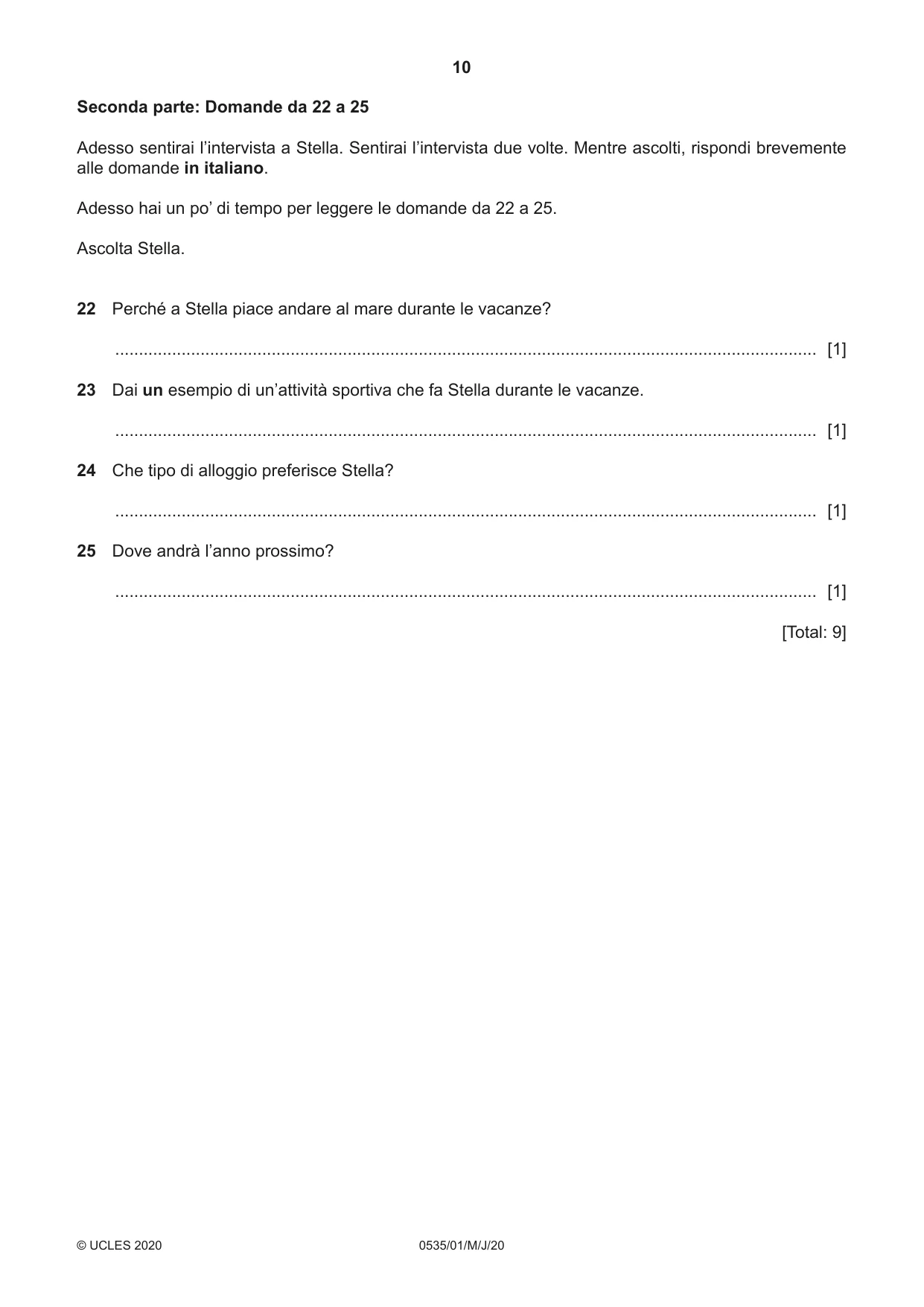 Cambridge IGCSE Italian - Foreign Language 0535 2020 May/June Paper 1 · Variant 0 question paper, page 10 of 16