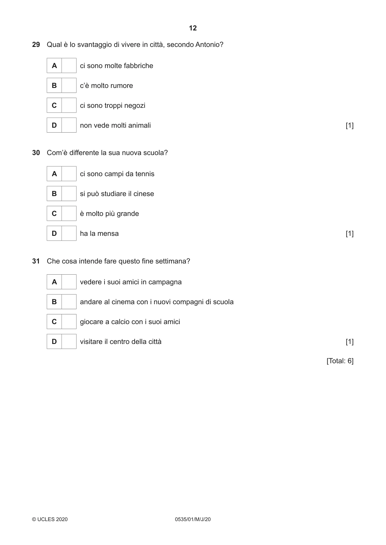 Cambridge IGCSE Italian - Foreign Language 0535 2020 May/June Paper 1 · Variant 0 question paper, page 12 of 16