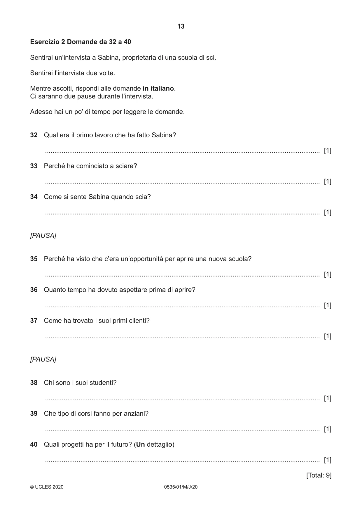 Cambridge IGCSE Italian - Foreign Language 0535 2020 May/June Paper 1 · Variant 0 question paper, page 13 of 16