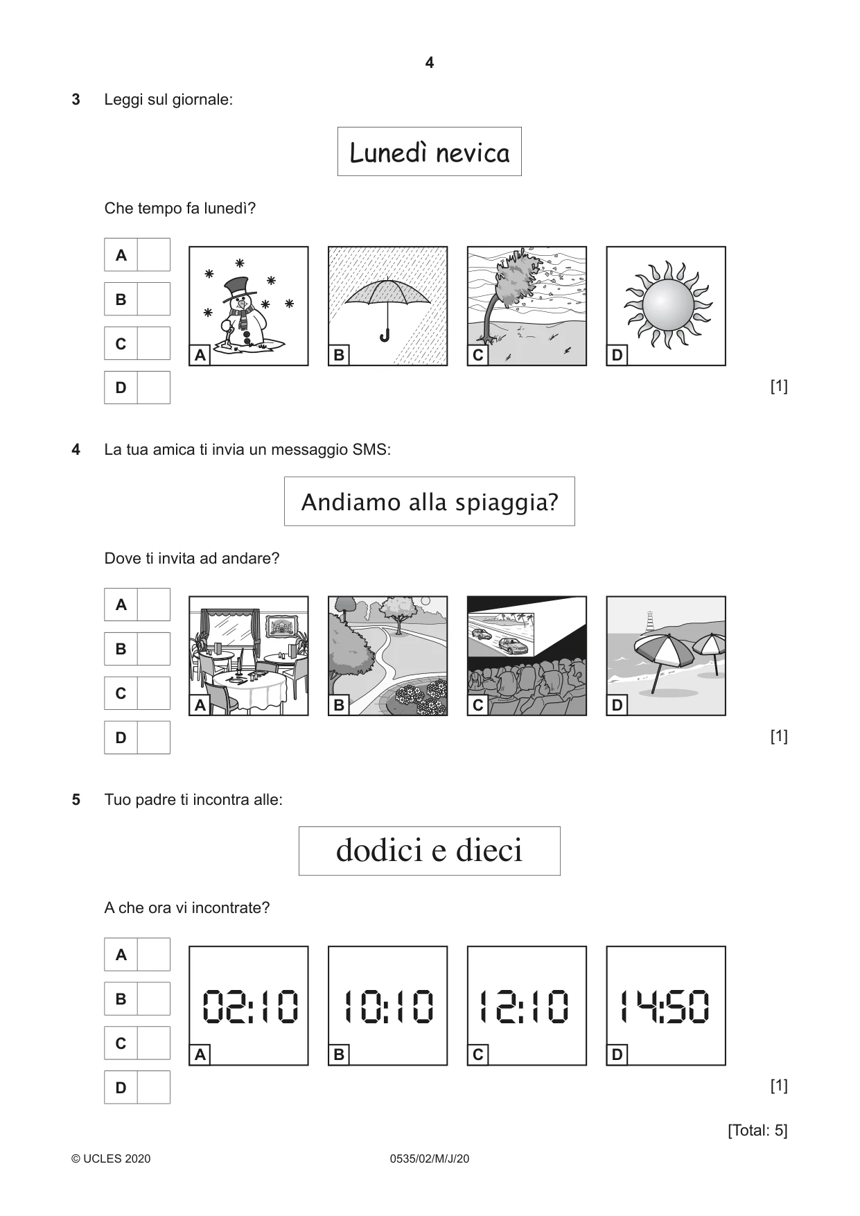 Cambridge IGCSE Italian - Foreign Language 0535 2020 May/June Paper 2 · Variant 0 question paper, page 4 of 16