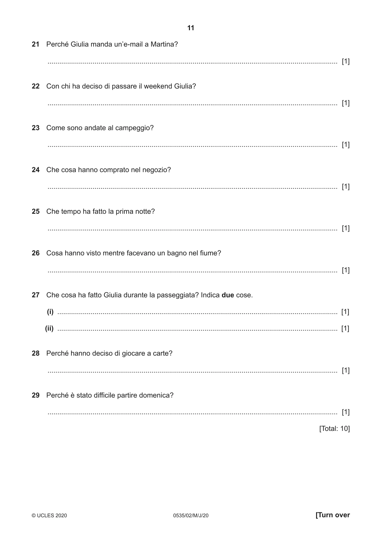 Cambridge IGCSE Italian - Foreign Language 0535 2020 May/June Paper 2 · Variant 0 question paper, page 11 of 16