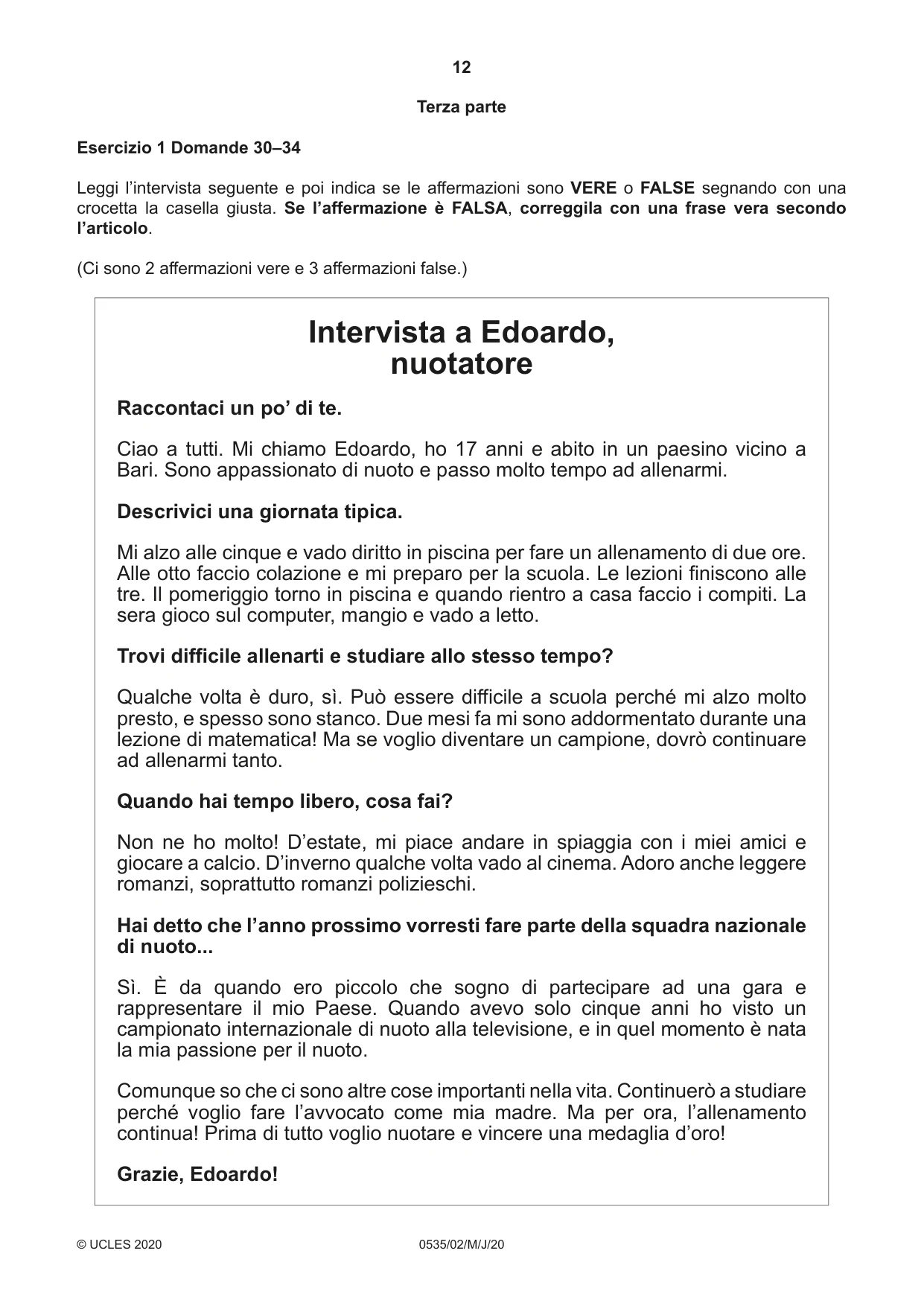 Cambridge IGCSE Italian - Foreign Language 0535 2020 May/June Paper 2 · Variant 0 question paper, page 12 of 16