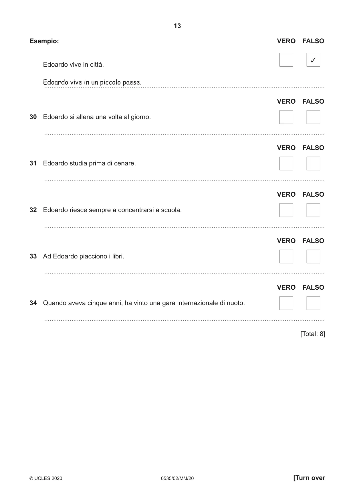 Cambridge IGCSE Italian - Foreign Language 0535 2020 May/June Paper 2 · Variant 0 question paper, page 13 of 16