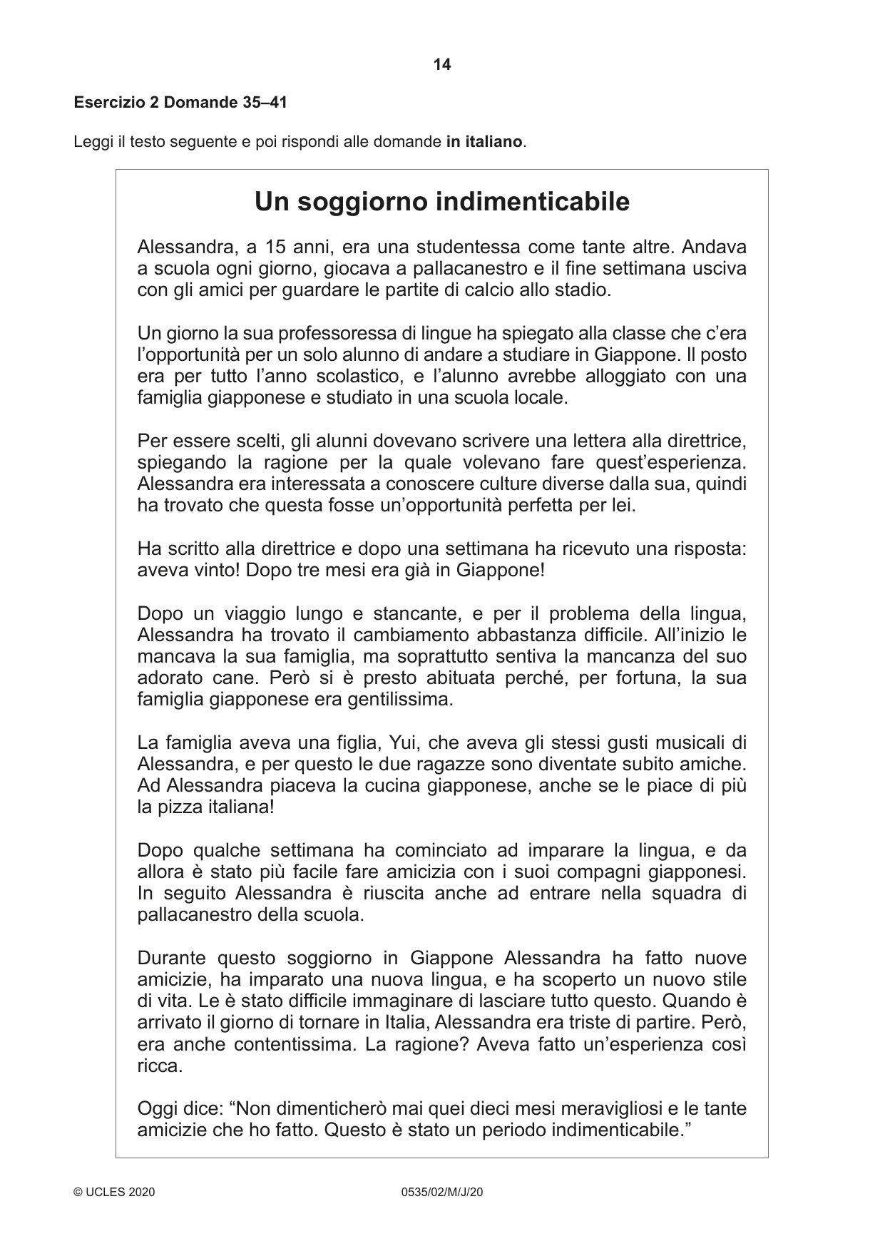 Cambridge IGCSE Italian - Foreign Language 0535 2020 May/June Paper 2 · Variant 0 question paper, page 14 of 16