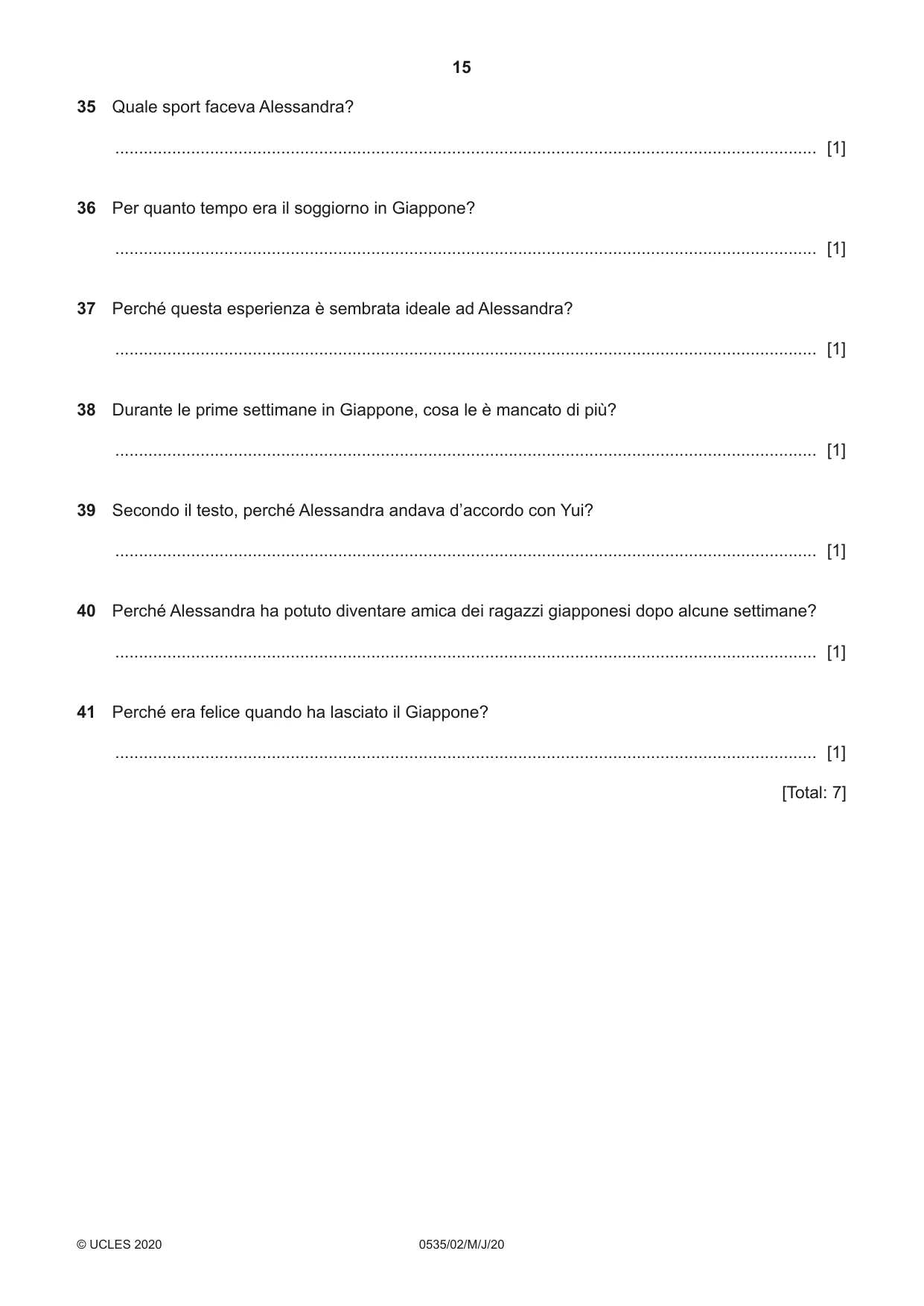 Cambridge IGCSE Italian - Foreign Language 0535 2020 May/June Paper 2 · Variant 0 question paper, page 15 of 16