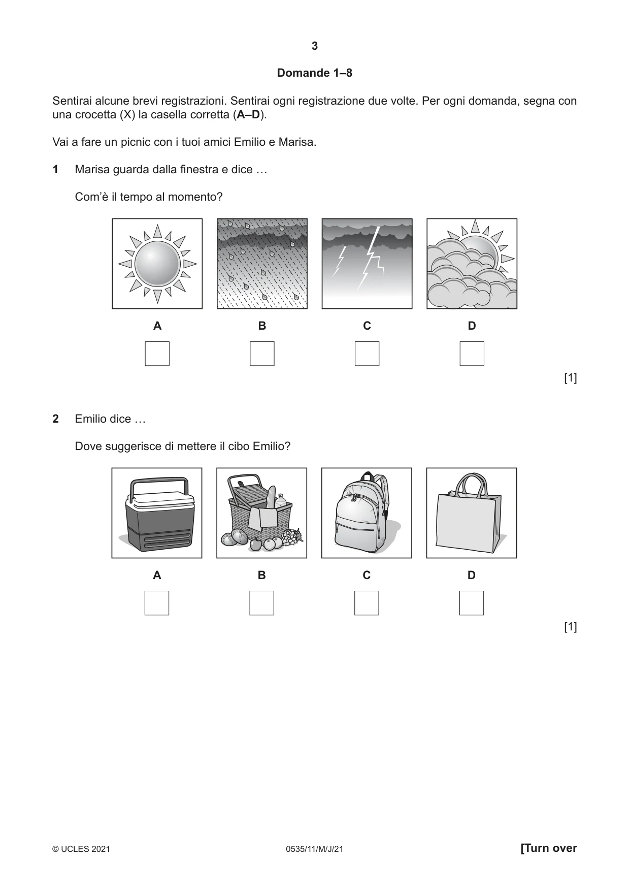 Cambridge IGCSE Italian - Foreign Language 0535 2021 May/June Paper 1 · Variant 1 question paper, page 3 of 16