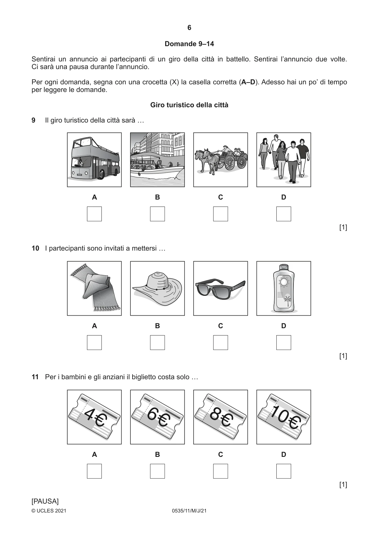 Cambridge IGCSE Italian - Foreign Language 0535 2021 May/June Paper 1 · Variant 1 question paper, page 6 of 16