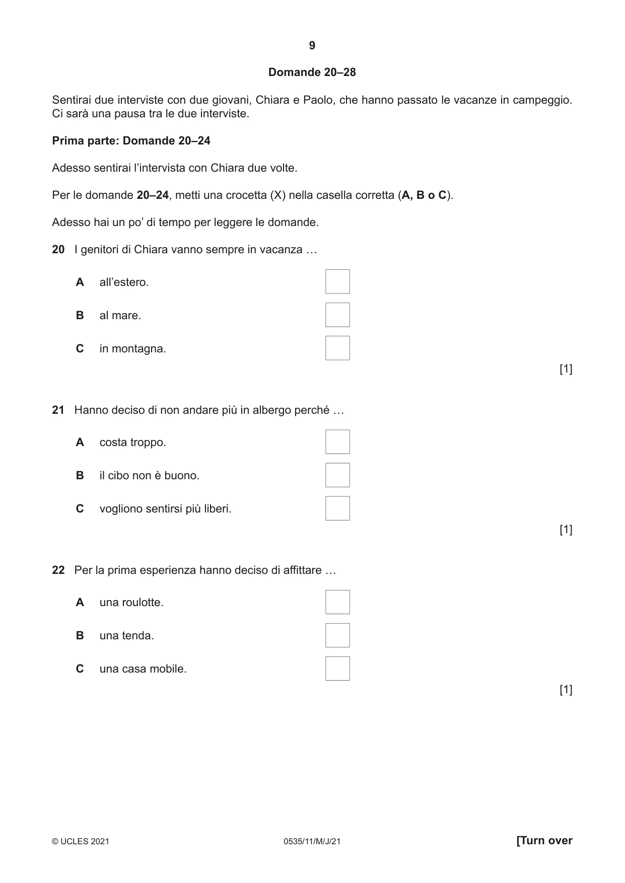 Cambridge IGCSE Italian - Foreign Language 0535 2021 May/June Paper 1 · Variant 1 question paper, page 9 of 16