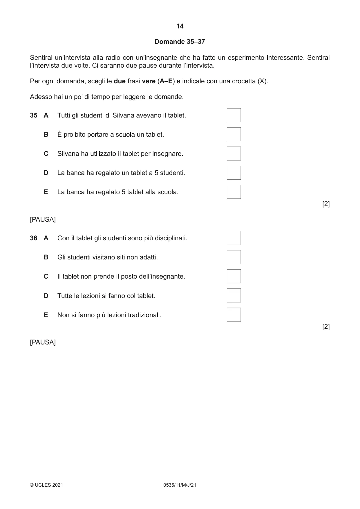 Cambridge IGCSE Italian - Foreign Language 0535 2021 May/June Paper 1 · Variant 1 question paper, page 14 of 16