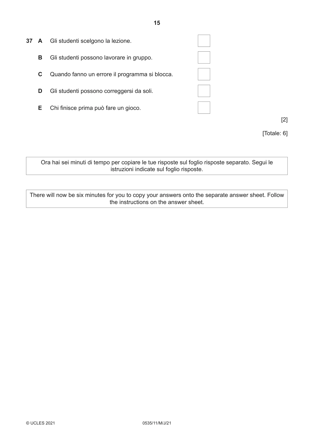Cambridge IGCSE Italian - Foreign Language 0535 2021 May/June Paper 1 · Variant 1 question paper, page 15 of 16