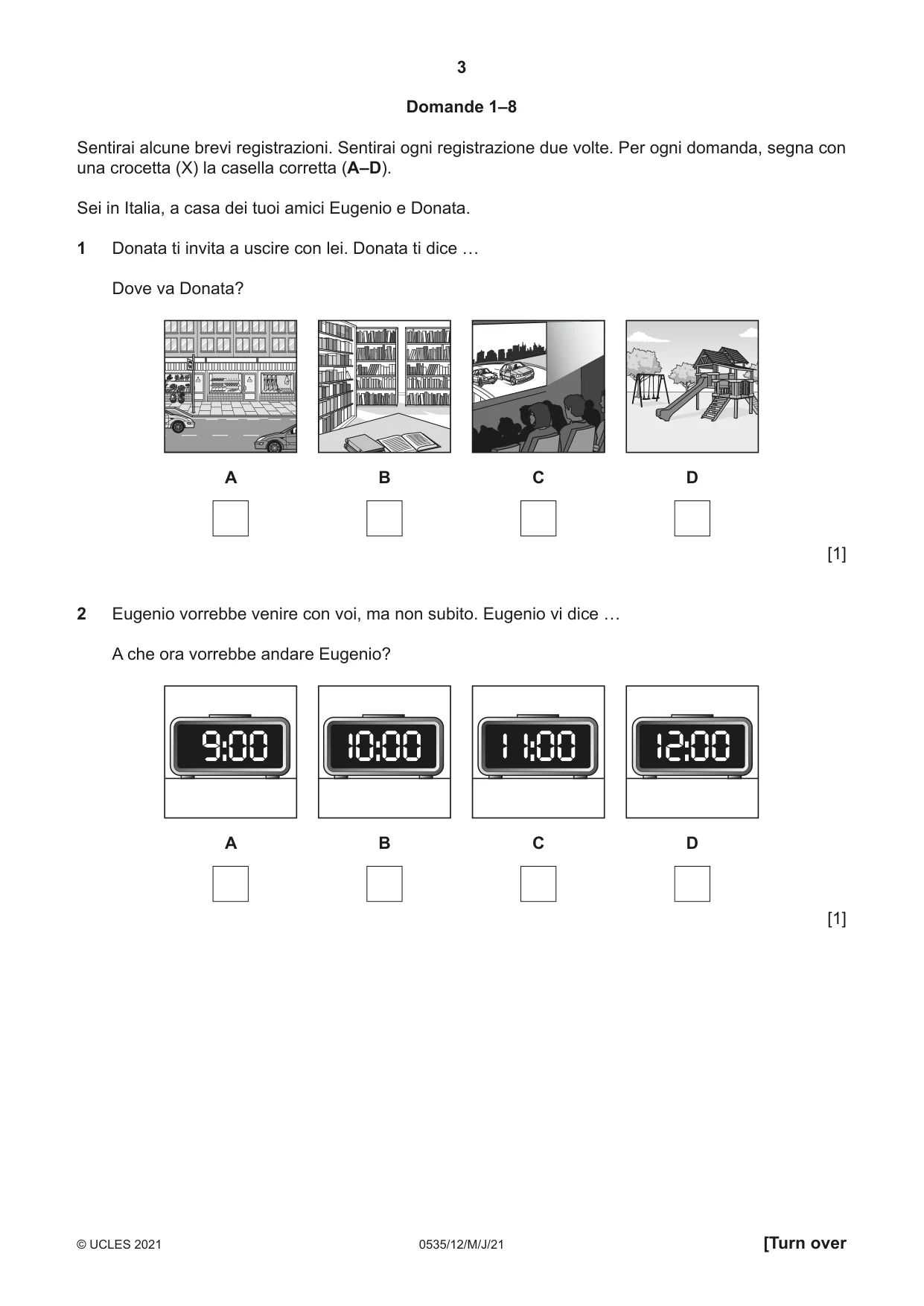 Cambridge IGCSE Italian - Foreign Language 0535 2021 May/June Paper 1 · Variant 2 question paper, page 3 of 16
