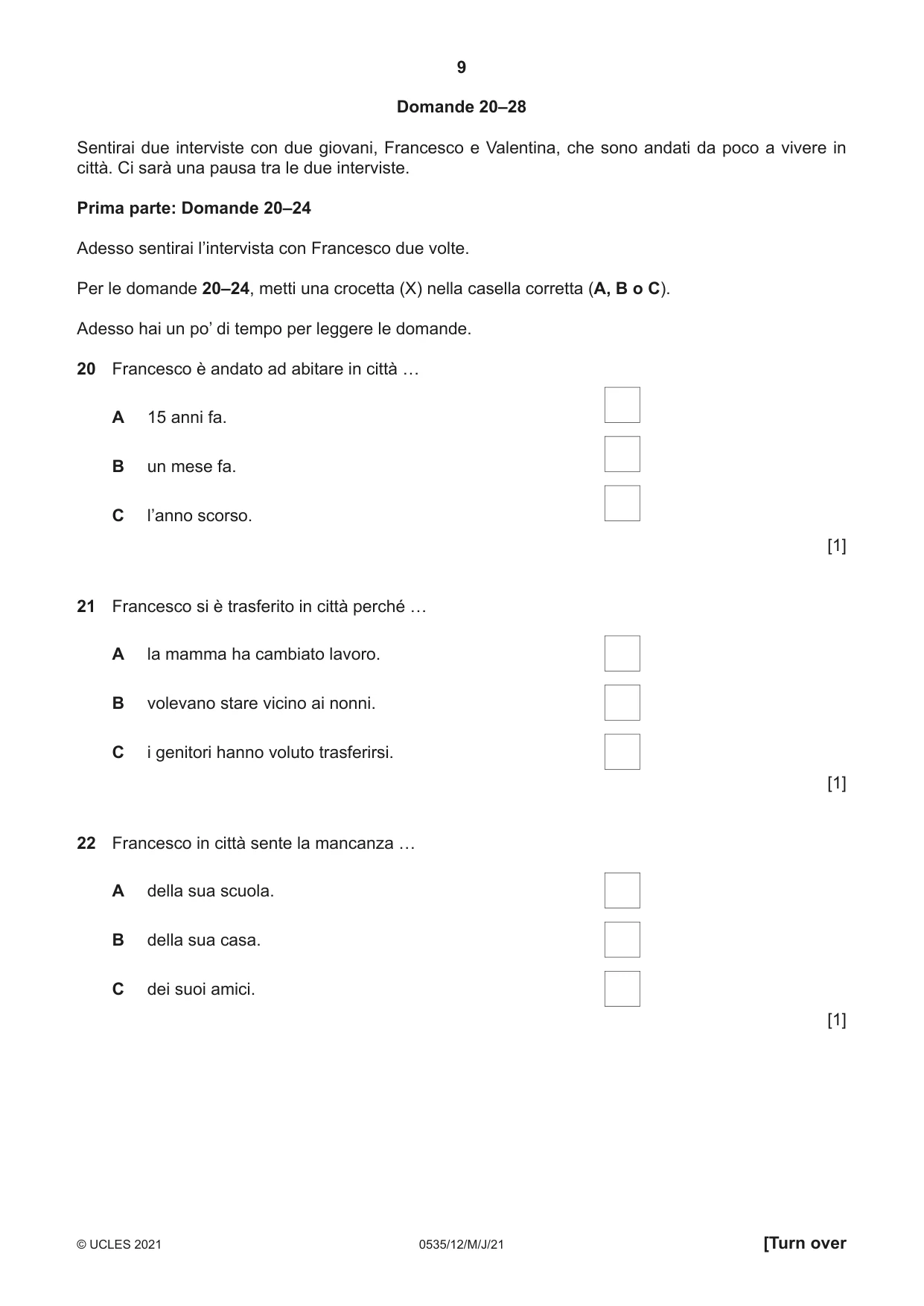 Cambridge IGCSE Italian - Foreign Language 0535 2021 May/June Paper 1 · Variant 2 question paper, page 9 of 16