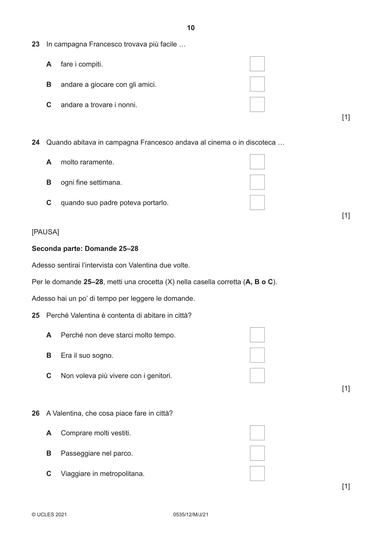 Cambridge IGCSE Italian - Foreign Language 0535 2021 May/June Paper 1 · Variant 2 question paper, page 10 of 16