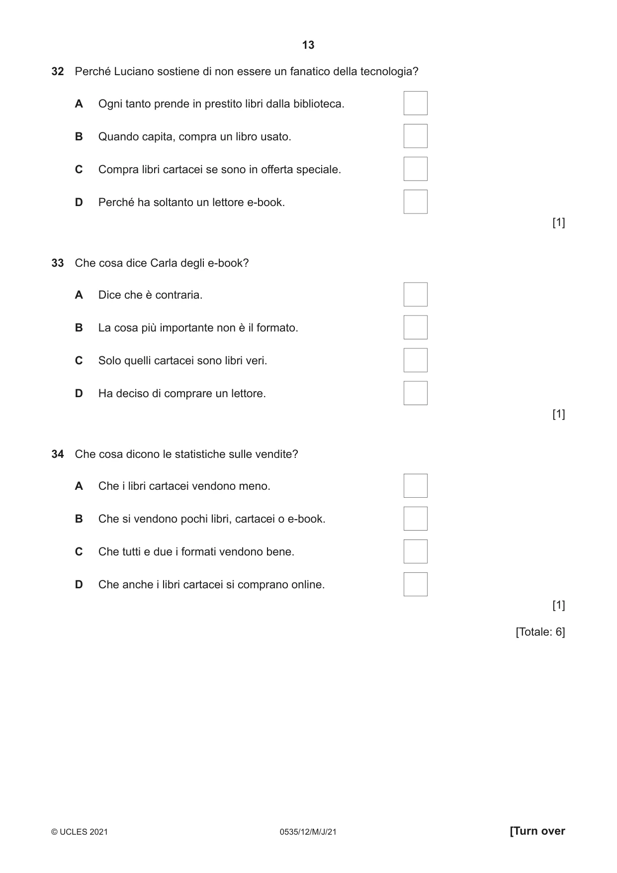 Cambridge IGCSE Italian - Foreign Language 0535 2021 May/June Paper 1 · Variant 2 question paper, page 13 of 16