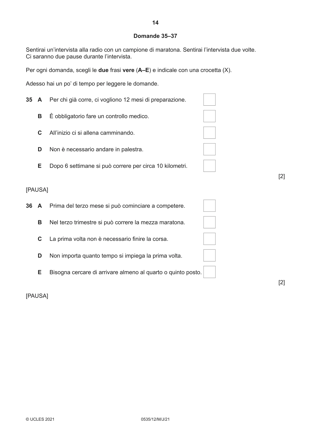 Cambridge IGCSE Italian - Foreign Language 0535 2021 May/June Paper 1 · Variant 2 question paper, page 14 of 16