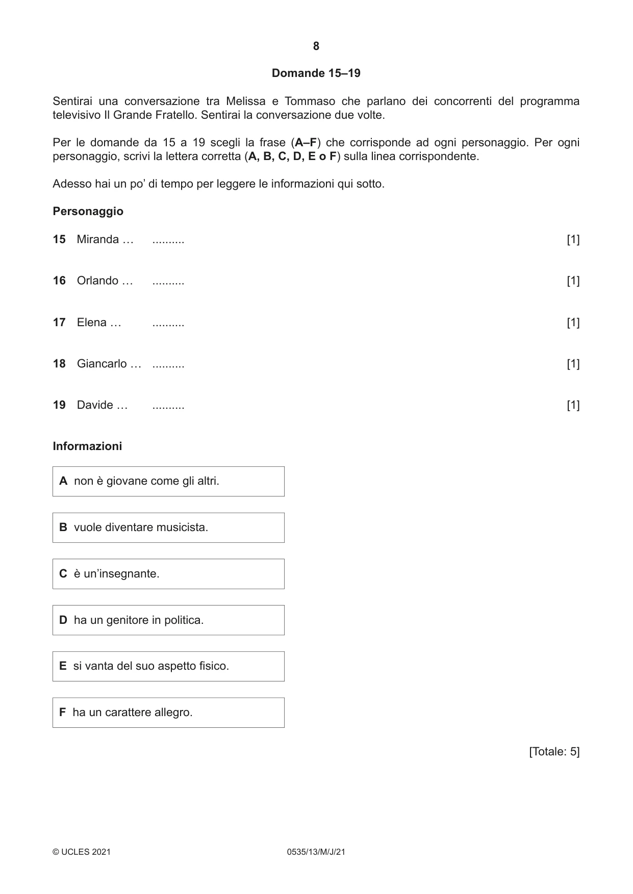 Cambridge IGCSE Italian - Foreign Language 0535 2021 May/June Paper 1 · Variant 3 question paper, page 8 of 16
