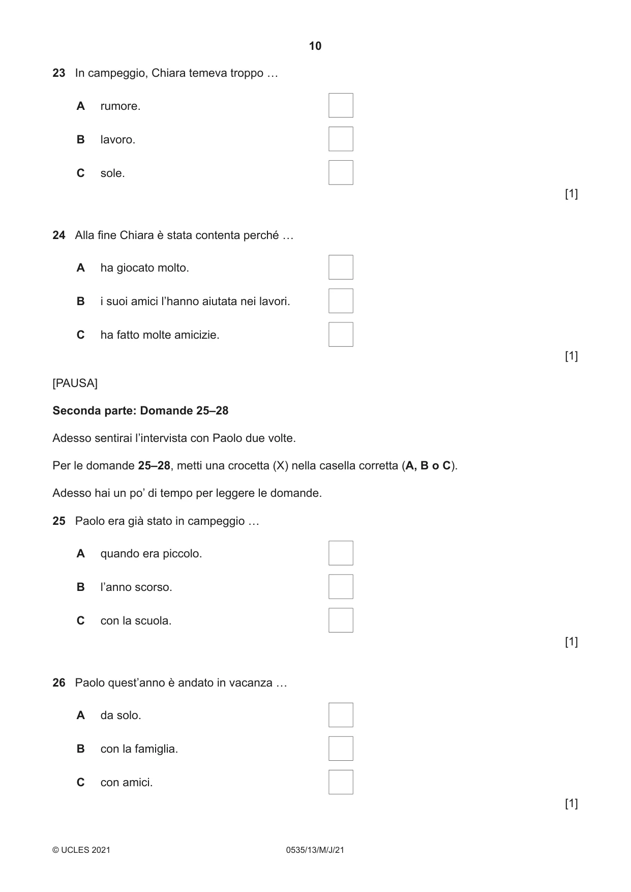 Cambridge IGCSE Italian - Foreign Language 0535 2021 May/June Paper 1 · Variant 3 question paper, page 10 of 16