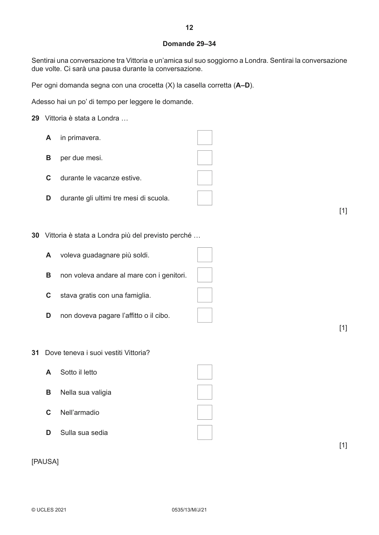 Cambridge IGCSE Italian - Foreign Language 0535 2021 May/June Paper 1 · Variant 3 question paper, page 12 of 16