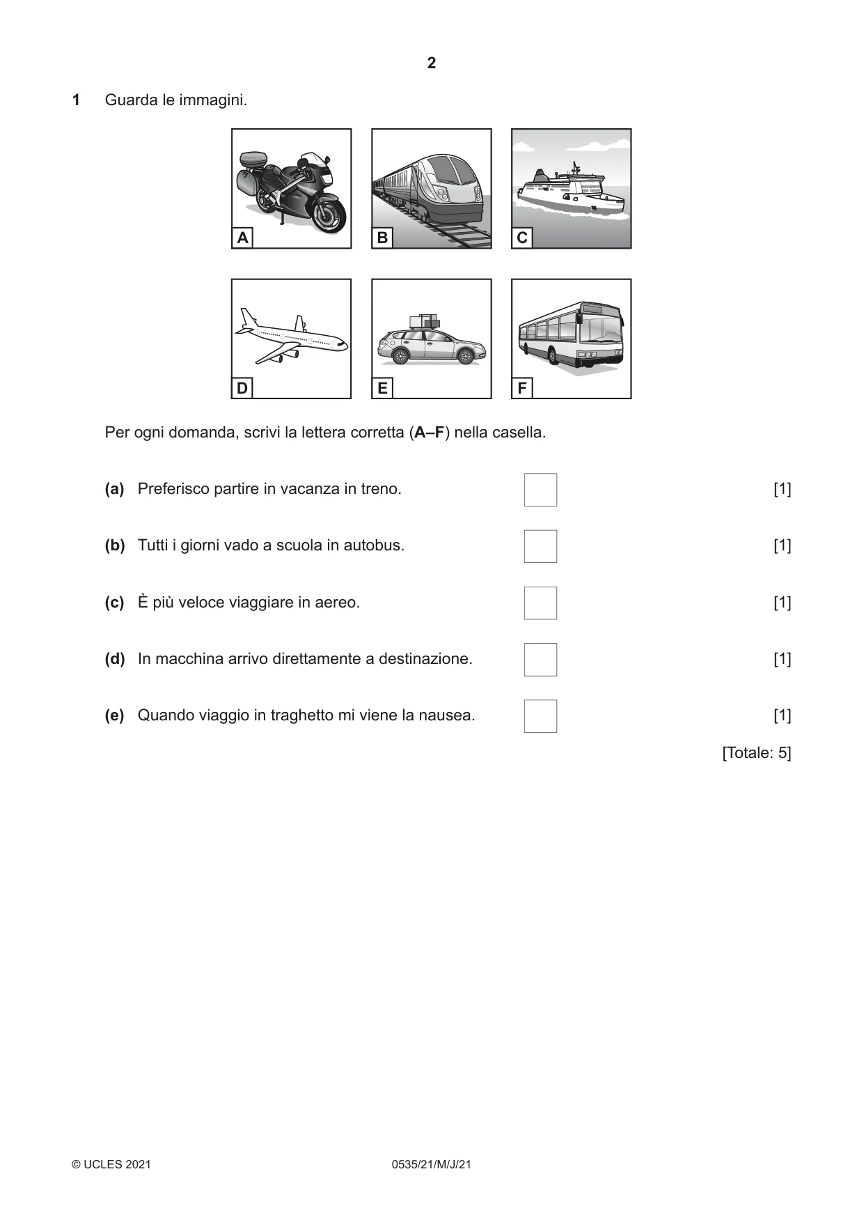 Cambridge IGCSE Italian - Foreign Language 0535 2021 May/June Paper 2 · Variant 1 question paper, page 2 of 12