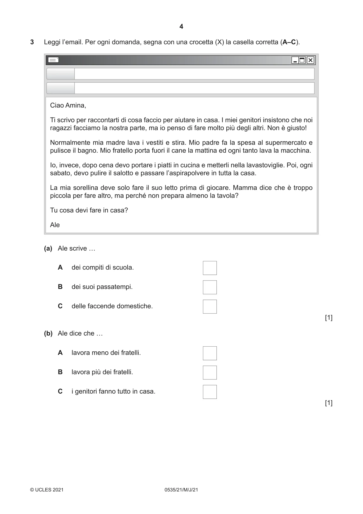 Cambridge IGCSE Italian - Foreign Language 0535 2021 May/June Paper 2 · Variant 1 question paper, page 4 of 12