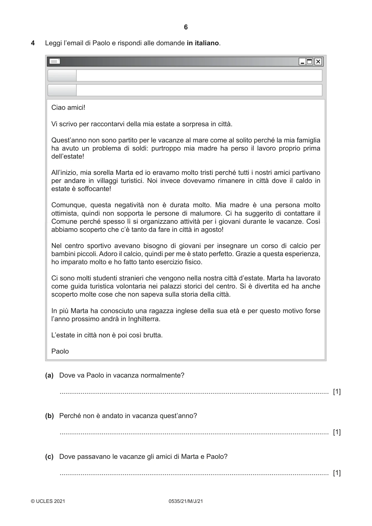 Cambridge IGCSE Italian - Foreign Language 0535 2021 May/June Paper 2 · Variant 1 question paper, page 6 of 12