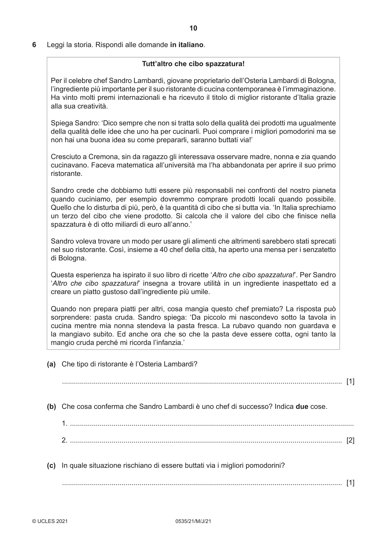 Cambridge IGCSE Italian - Foreign Language 0535 2021 May/June Paper 2 · Variant 1 question paper, page 10 of 12