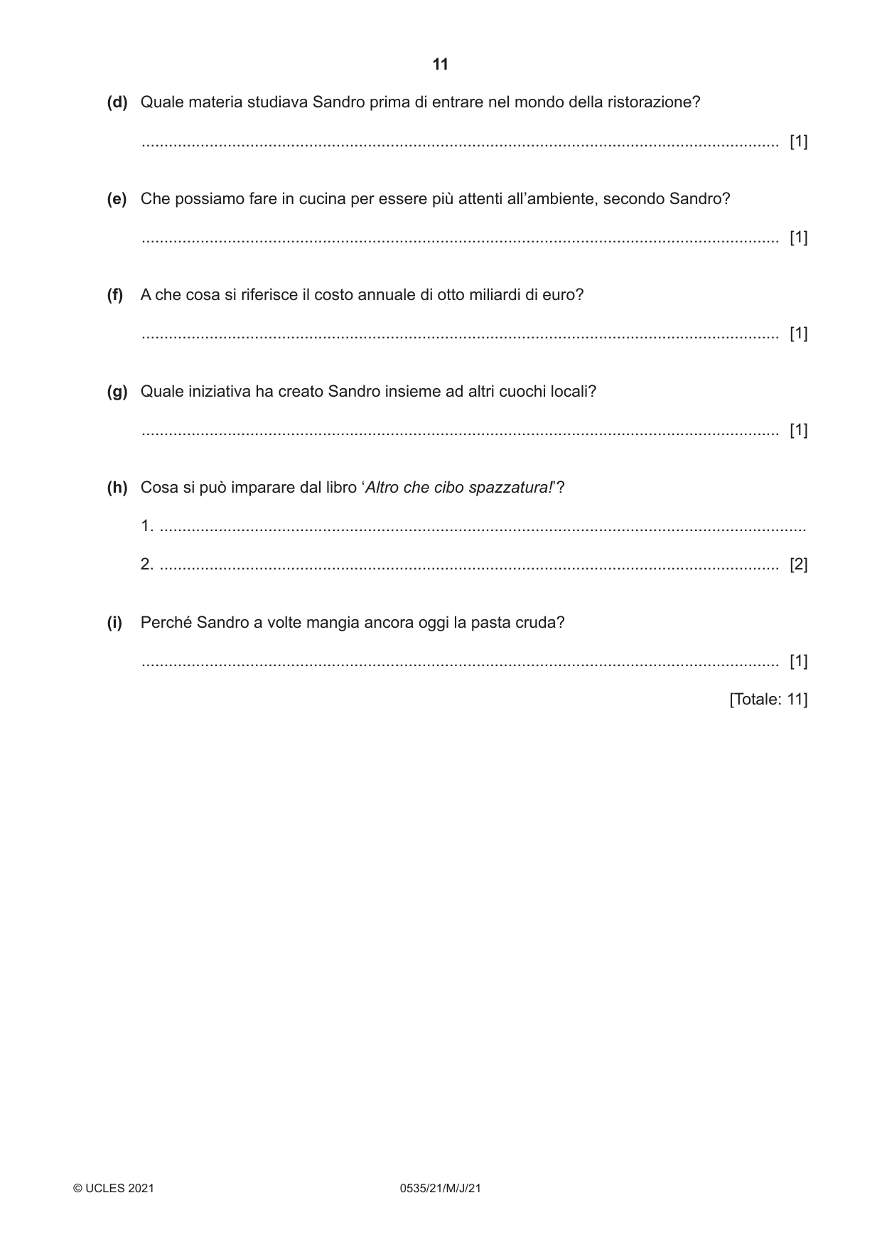 Cambridge IGCSE Italian - Foreign Language 0535 2021 May/June Paper 2 · Variant 1 question paper, page 11 of 12