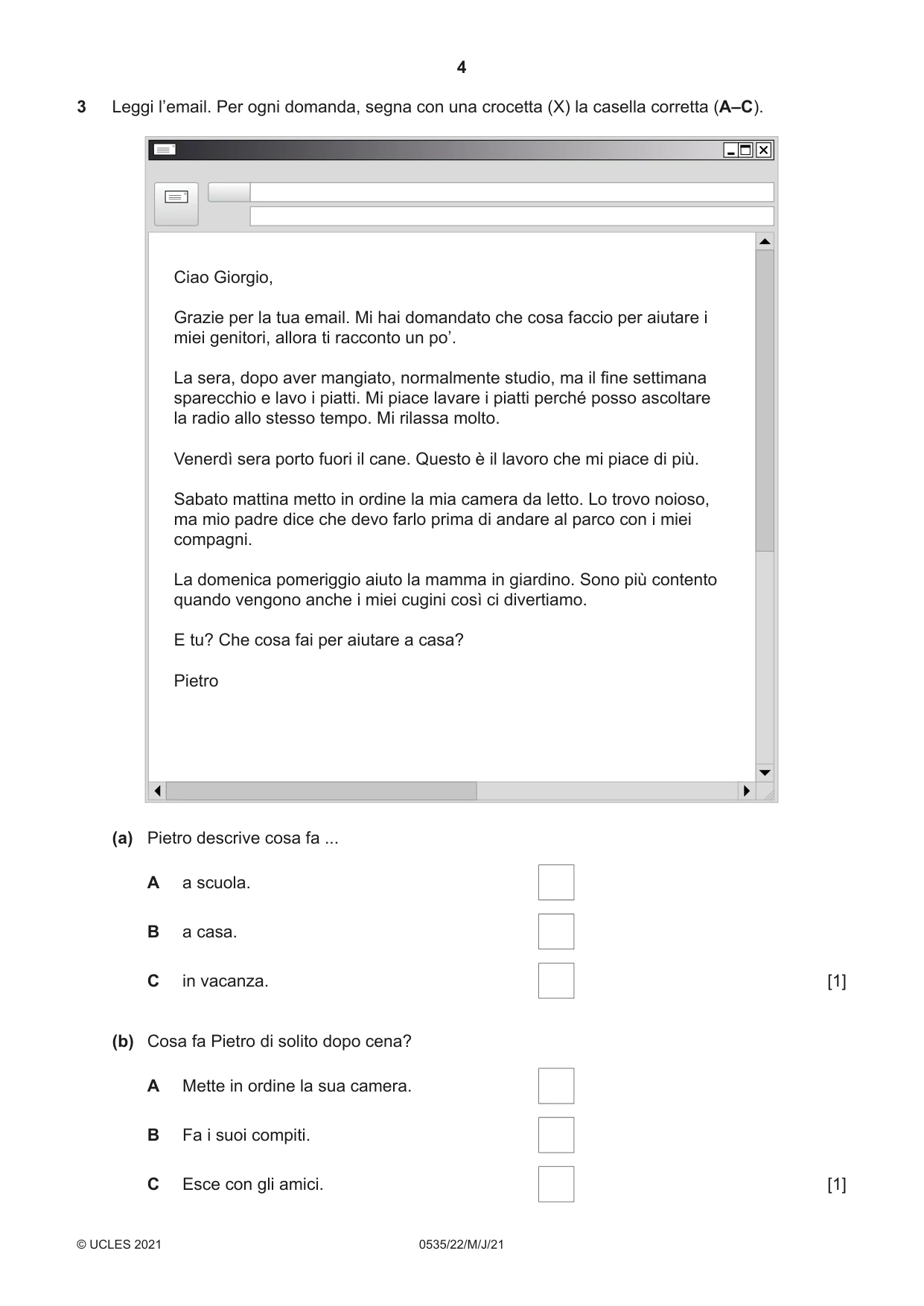 Cambridge IGCSE Italian - Foreign Language 0535 2021 May/June Paper 2 · Variant 2 question paper, page 4 of 12
