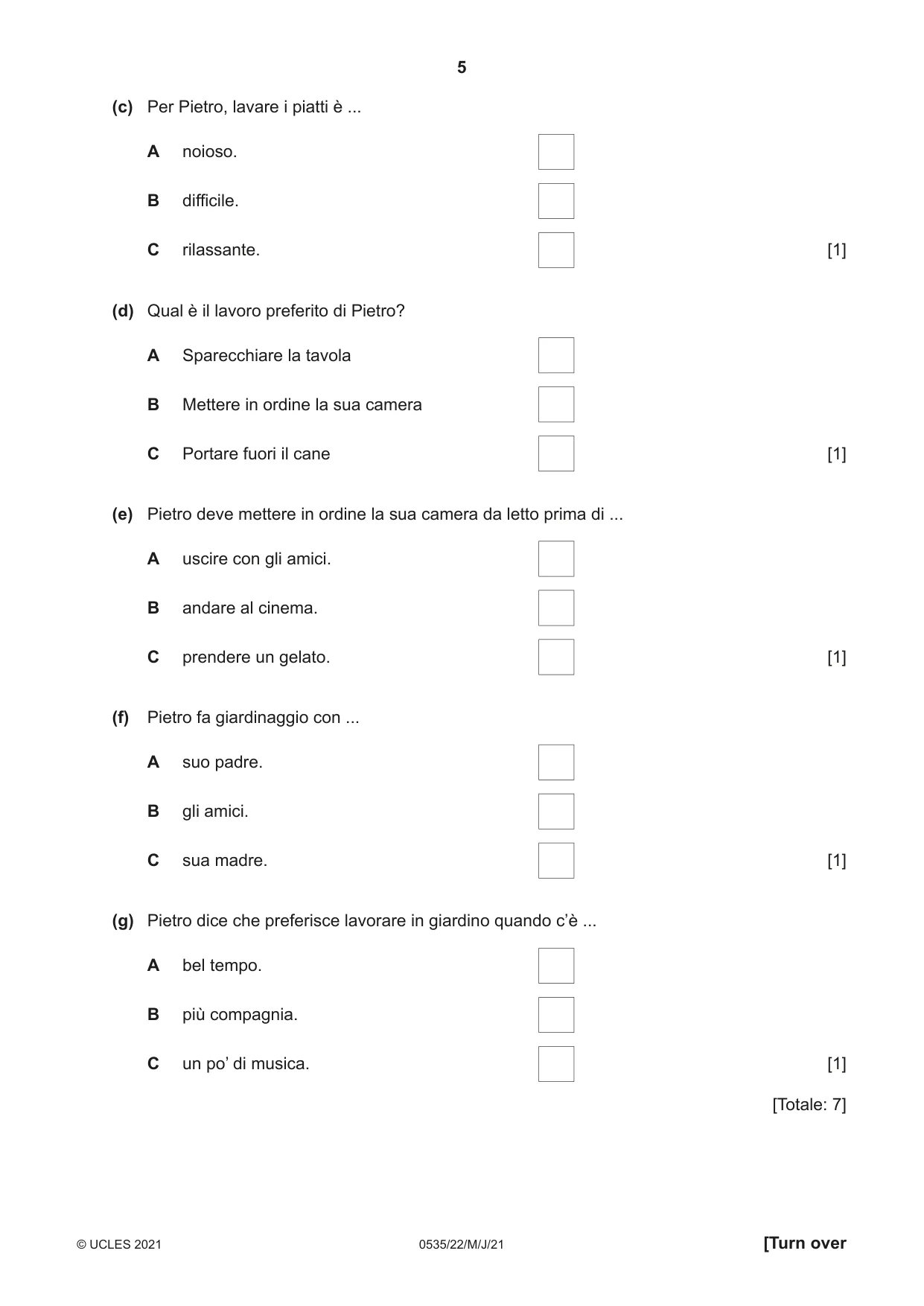 Cambridge IGCSE Italian - Foreign Language 0535 2021 May/June Paper 2 · Variant 2 question paper, page 5 of 12