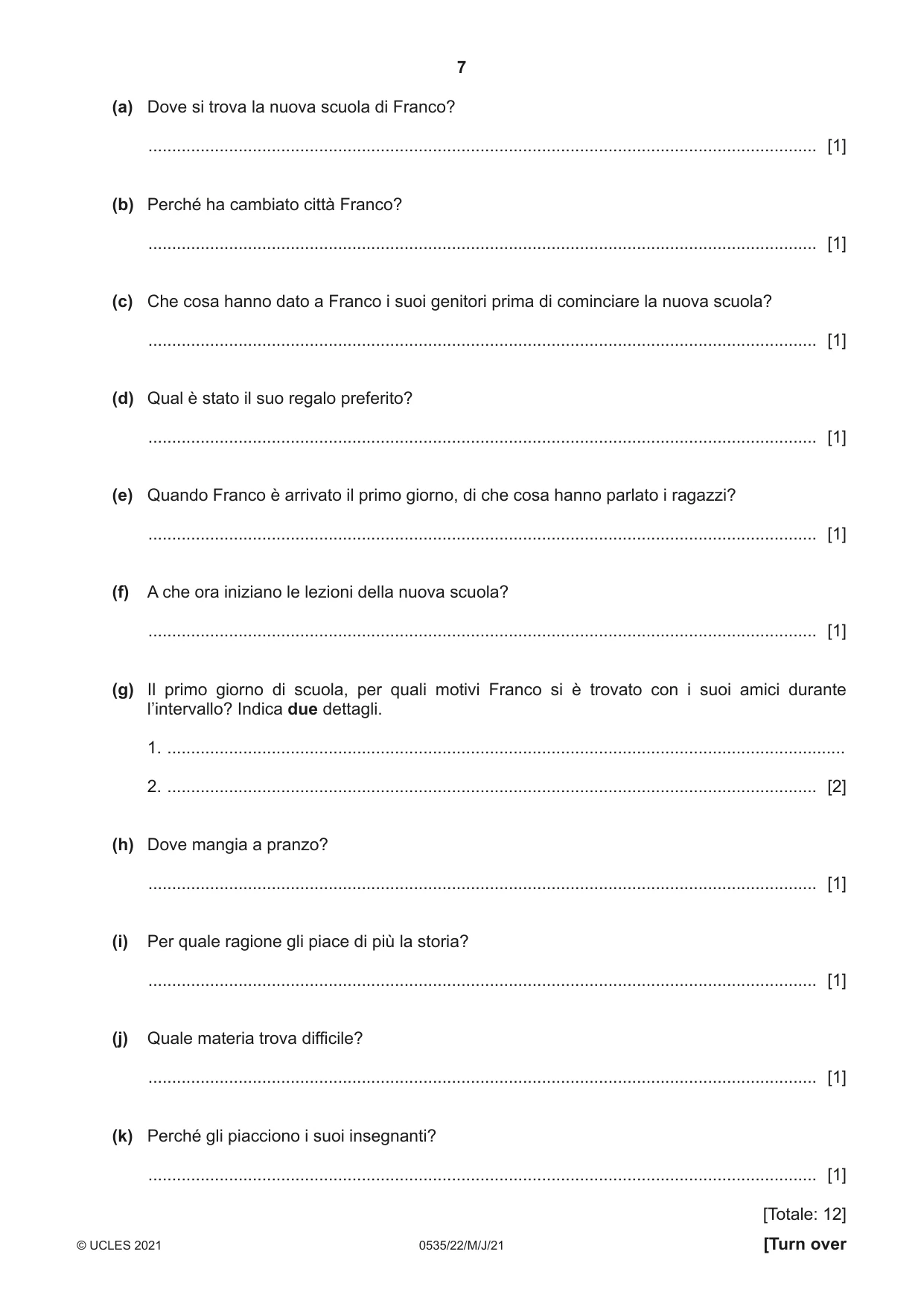 Cambridge IGCSE Italian - Foreign Language 0535 2021 May/June Paper 2 · Variant 2 question paper, page 7 of 12