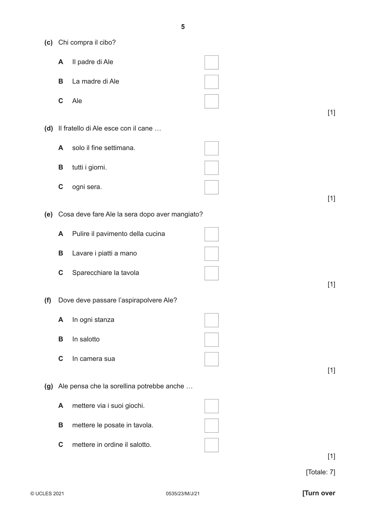 Cambridge IGCSE Italian - Foreign Language 0535 2021 May/June Paper 2 · Variant 3 question paper, page 5 of 12