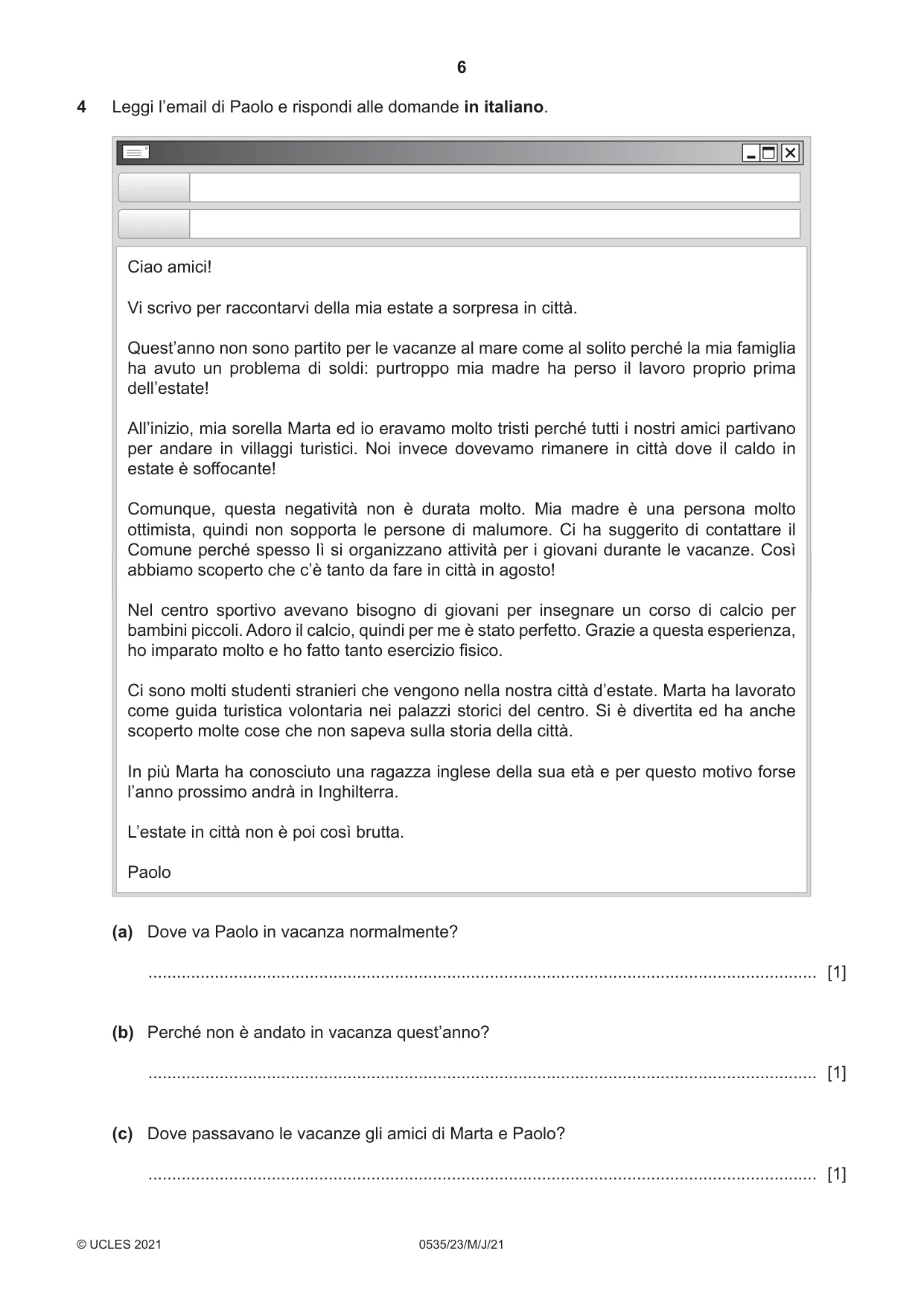 Cambridge IGCSE Italian - Foreign Language 0535 2021 May/June Paper 2 · Variant 3 question paper, page 6 of 12