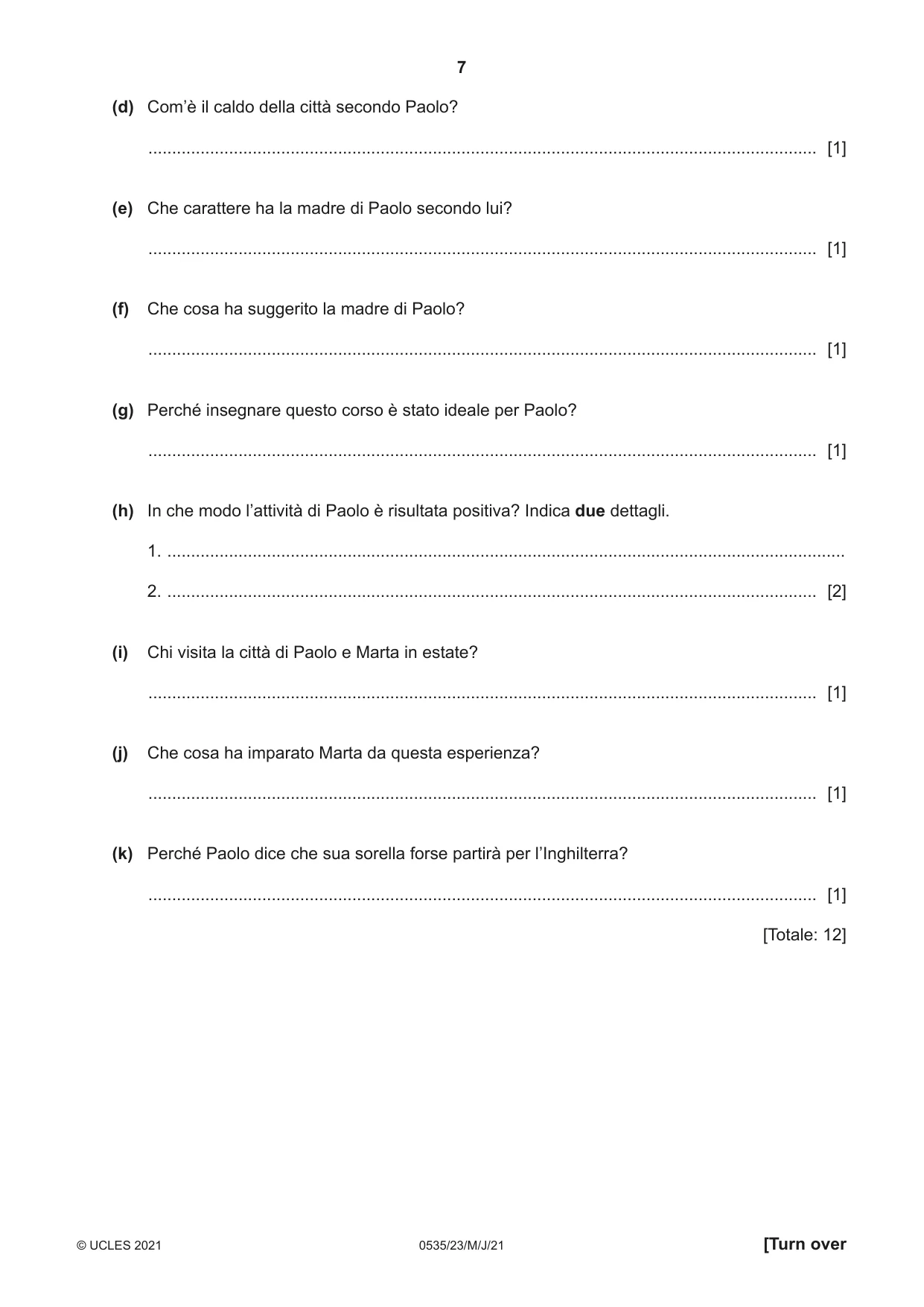 Cambridge IGCSE Italian - Foreign Language 0535 2021 May/June Paper 2 · Variant 3 question paper, page 7 of 12