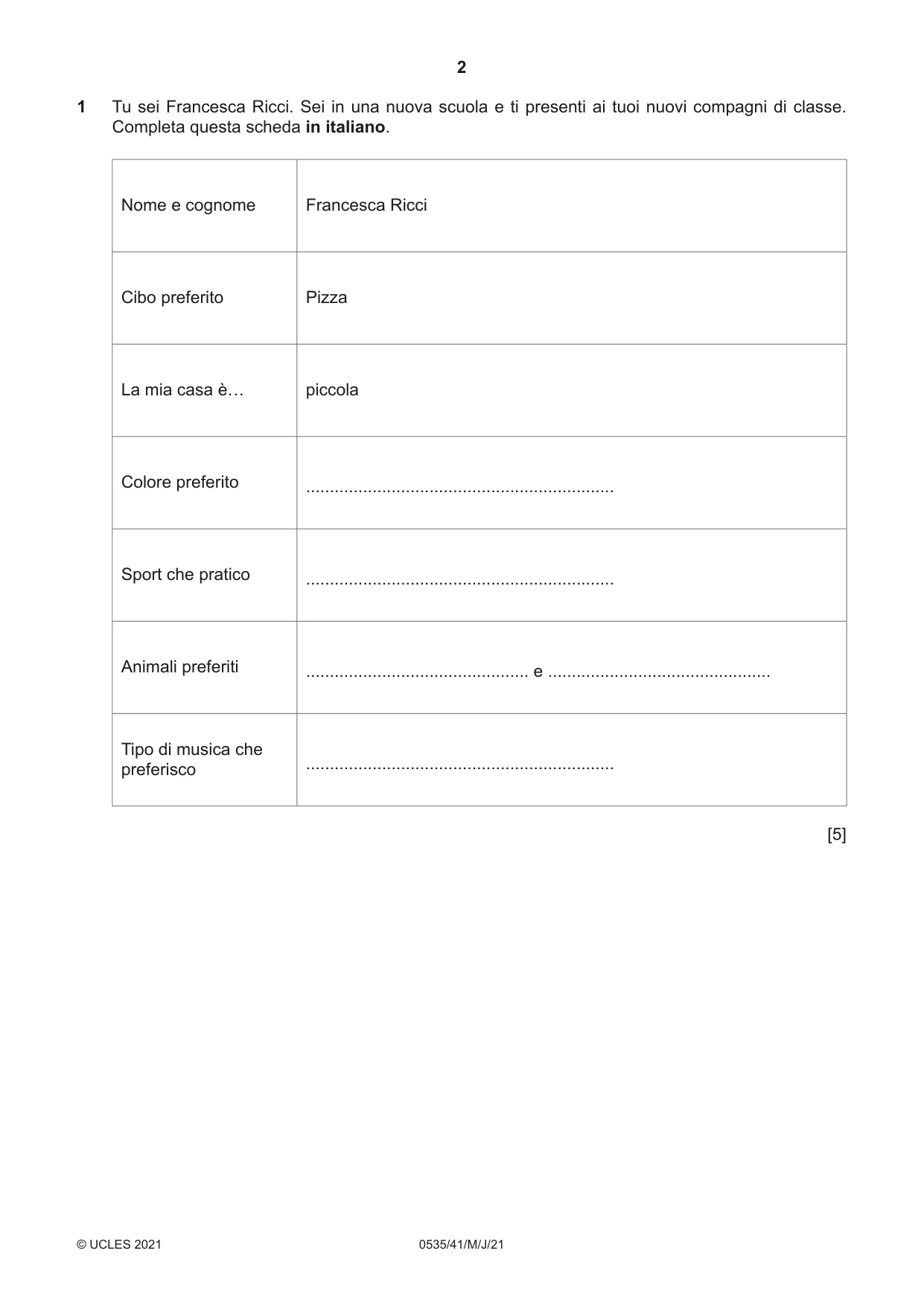 Cambridge IGCSE Italian - Foreign Language 0535 2021 May/June Paper 4 · Variant 1 question paper, page 2 of 8