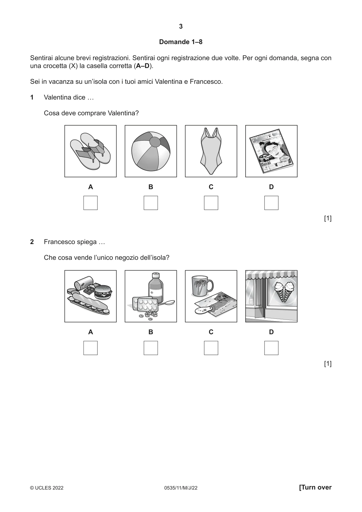 Cambridge IGCSE Italian - Foreign Language 0535 2022 May/June Paper 1 · Variant 1 question paper, page 3 of 16
